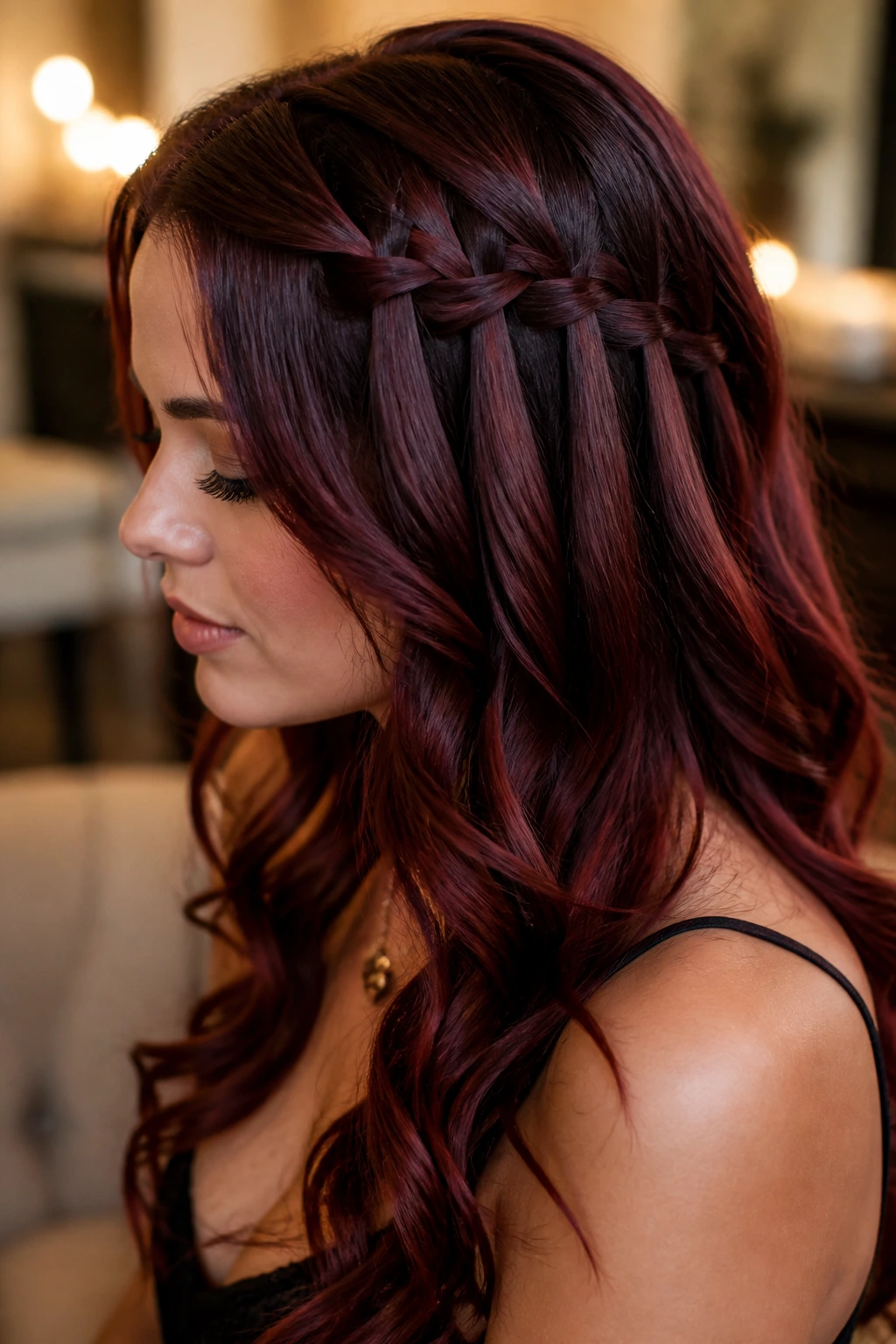 Side-profile of real woman with waterfall braids and loose maroon curls.