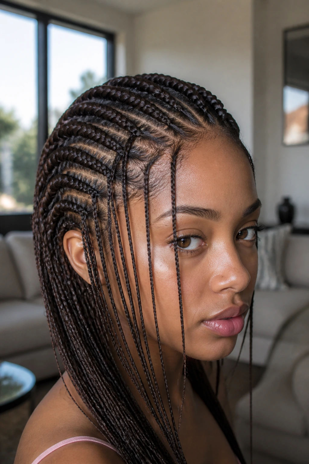 Close-up of waterfall cornrows cascading from crown on a real person in a home setting