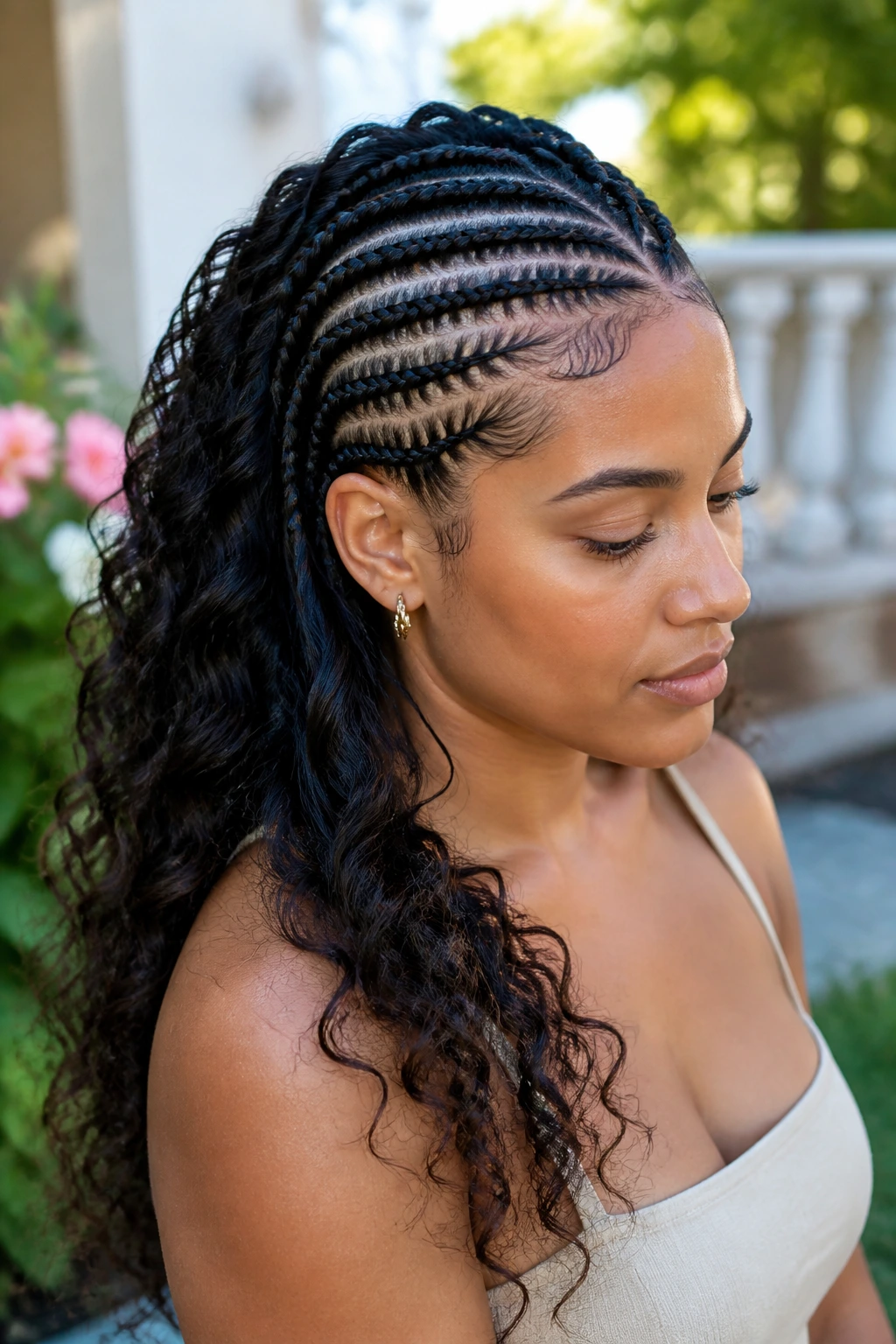 Top braided section transitioning to loose curls in the back on a real woman