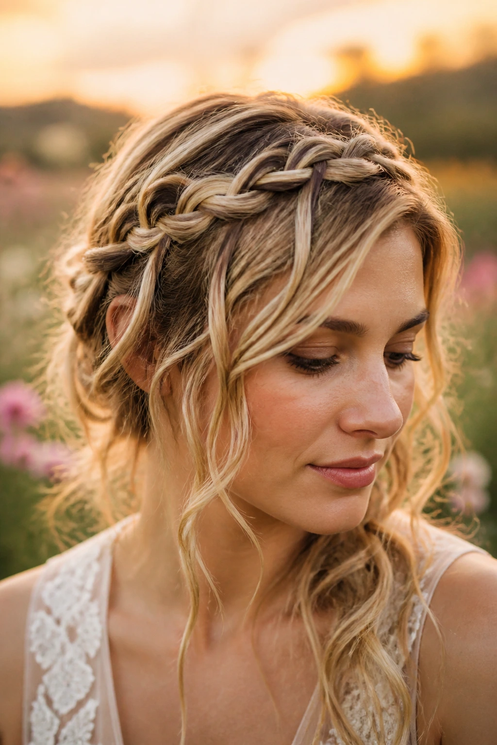 Close-up portrait of a woman wearing a messy waterfall crown with cascading strands.