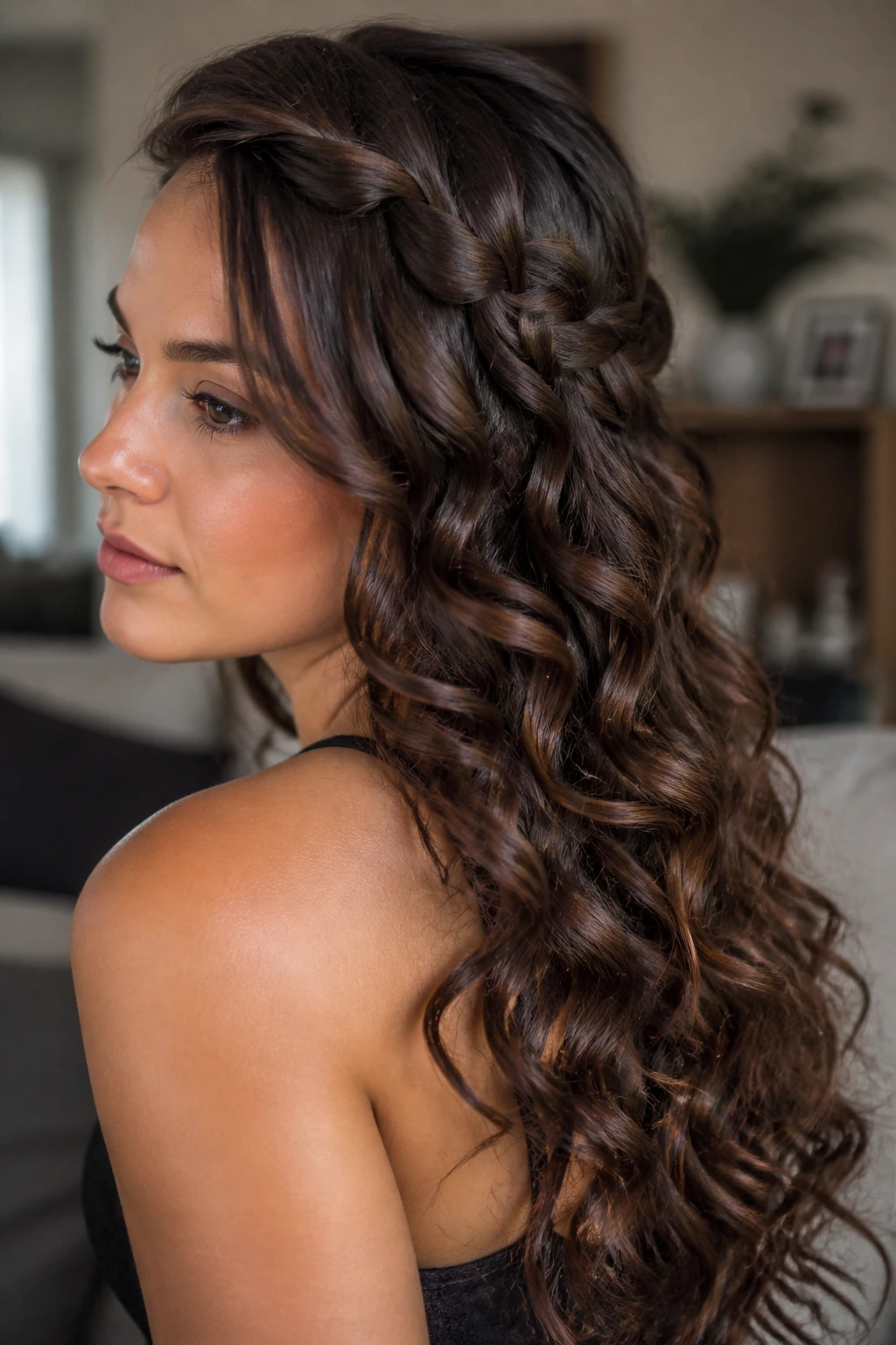 Close-up of woman with cascading waterfall curls pinned back