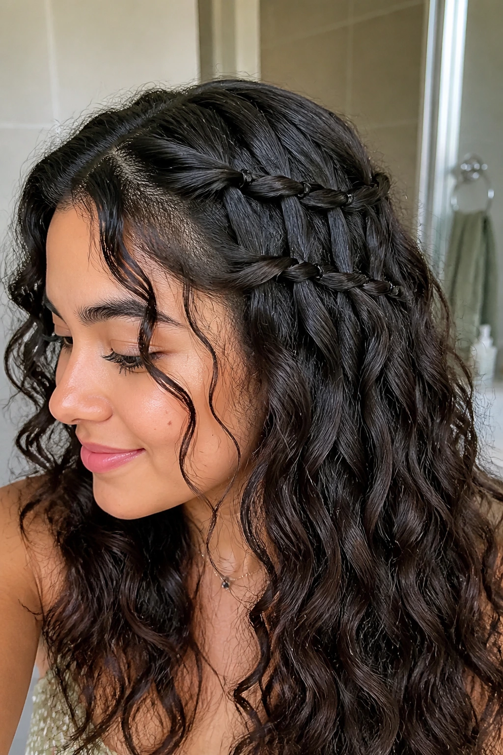 Close-up portrait of a real woman with front curls pinned back to create a waterfall effect.
