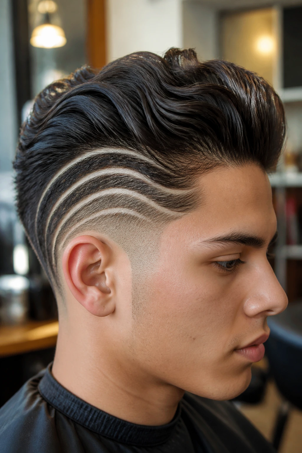 Close-up of real person showing a flowing waterfall curved pattern in the hair from temple to back.
