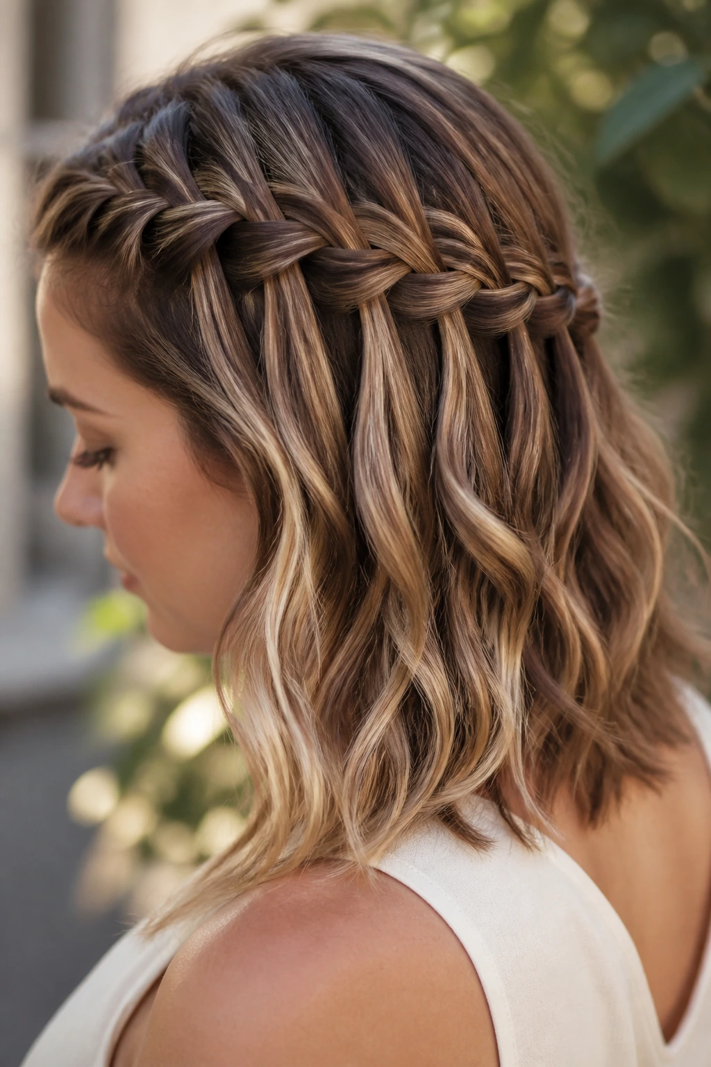 Close-up of a waterfall Dutch braid with dropped strands along the side