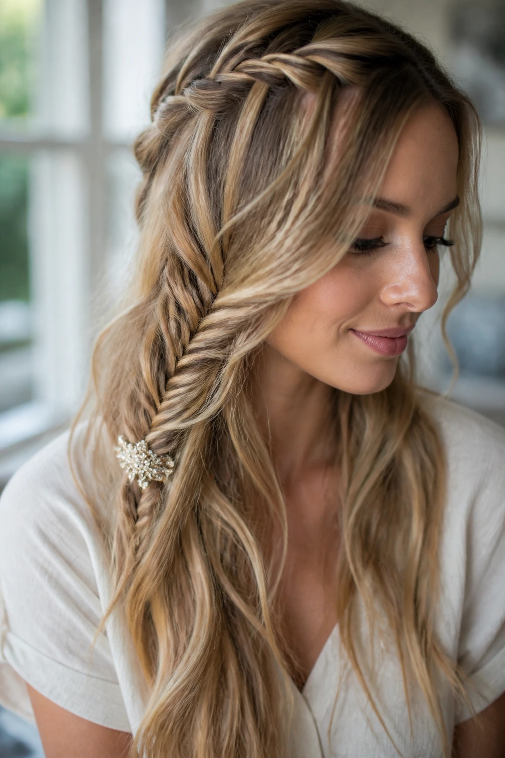 Close-up of a real woman's waterfall fishtail with cascading strands and a decorative clip