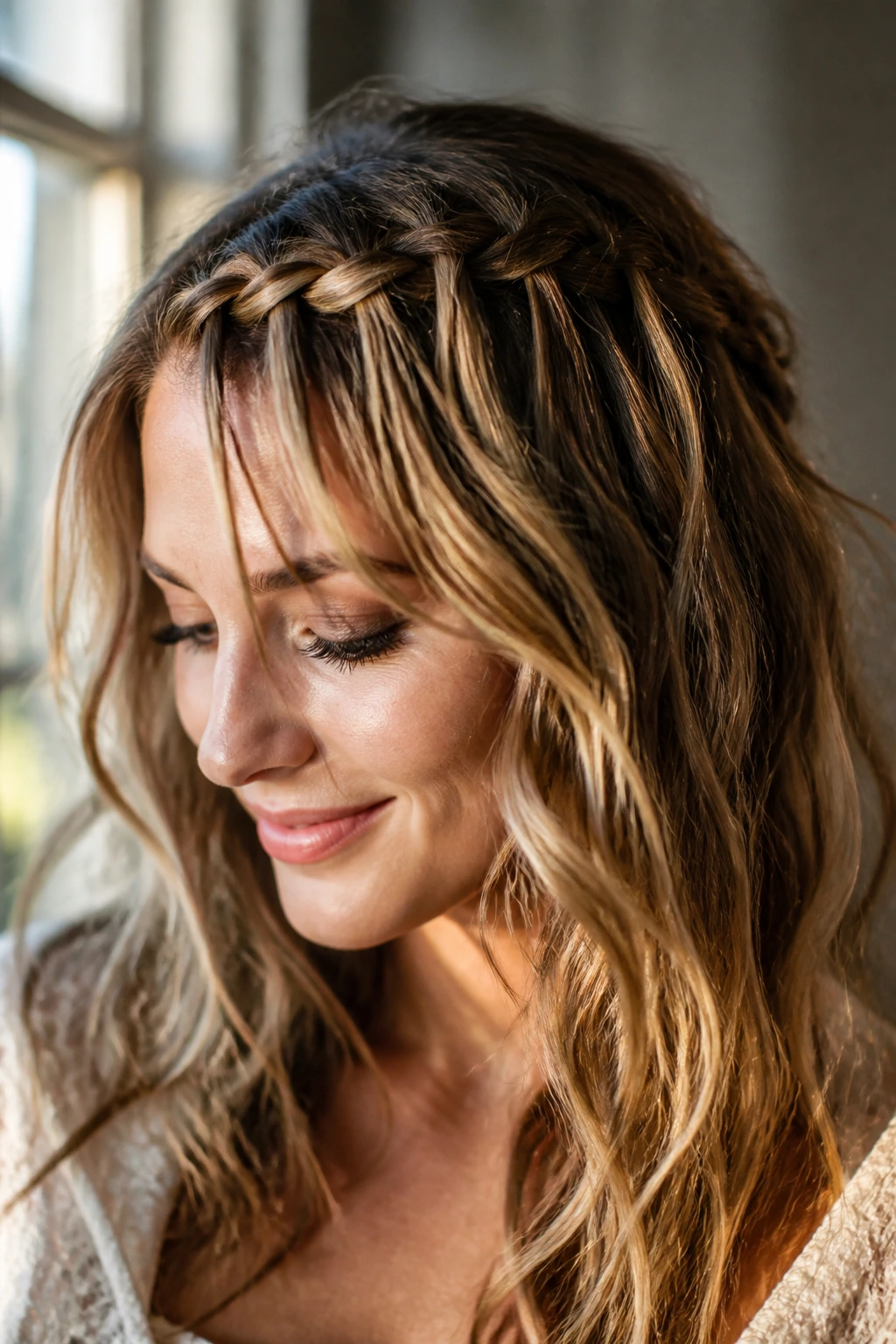 Close-up of a real woman with a waterfall braid along the hairline cascading into waves