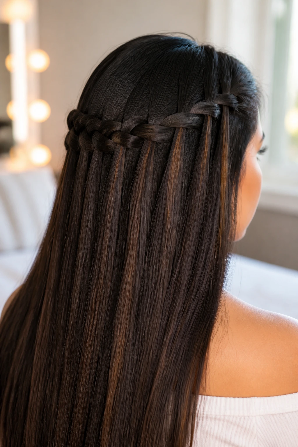 Close-up of a real woman with a horizontal waterfall braid across the back of the head