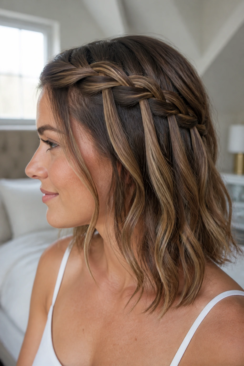 Real woman with a waterfal l French braid showing the dropped strand