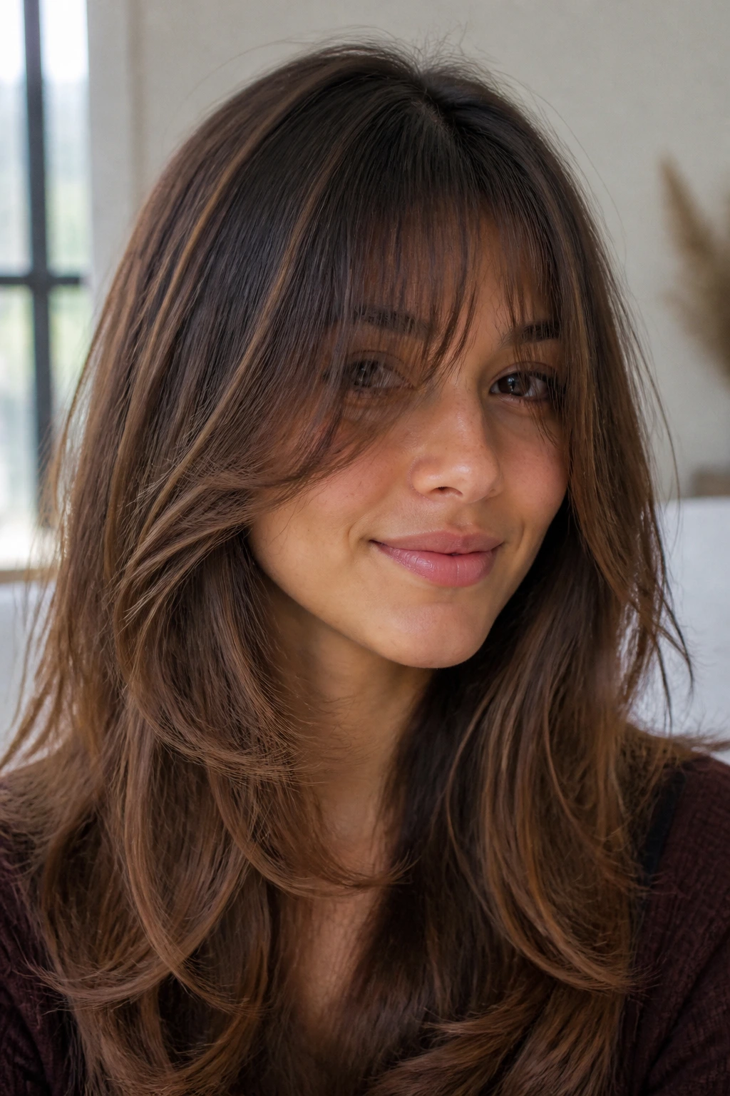 Close-up portrait of a real woman with cascading waterfall fringe framing her face