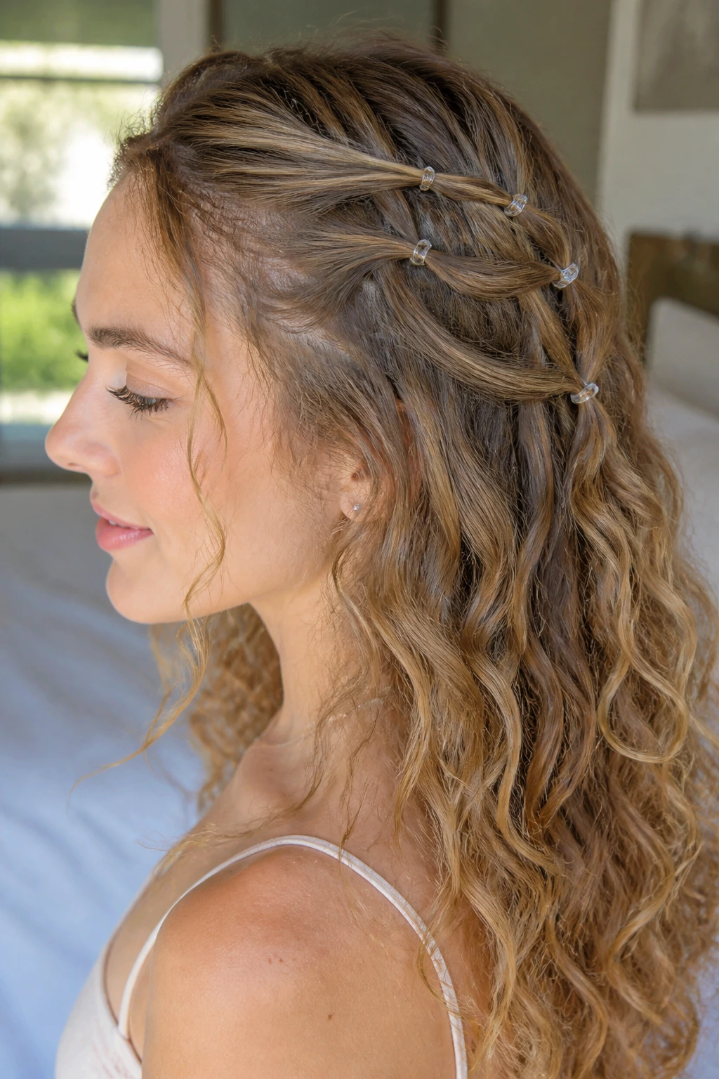Close-up of half-down waterfall hairstyle with pinned sections on a real person