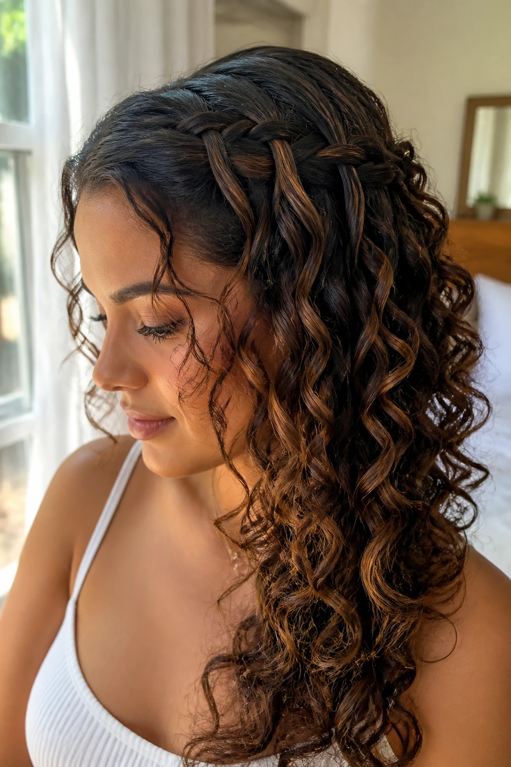 Close-up of a real woman with cascading waterfall half-up hairstyle and defined curls.