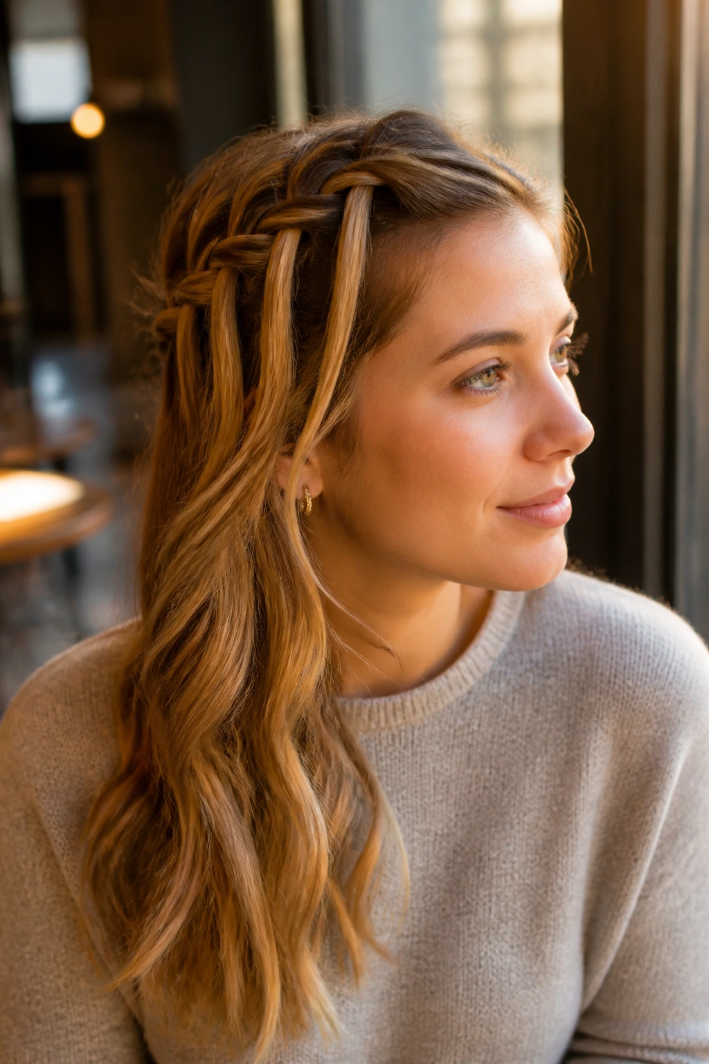Close-up of a person with a waterfall half-up hairstyle in a cafe