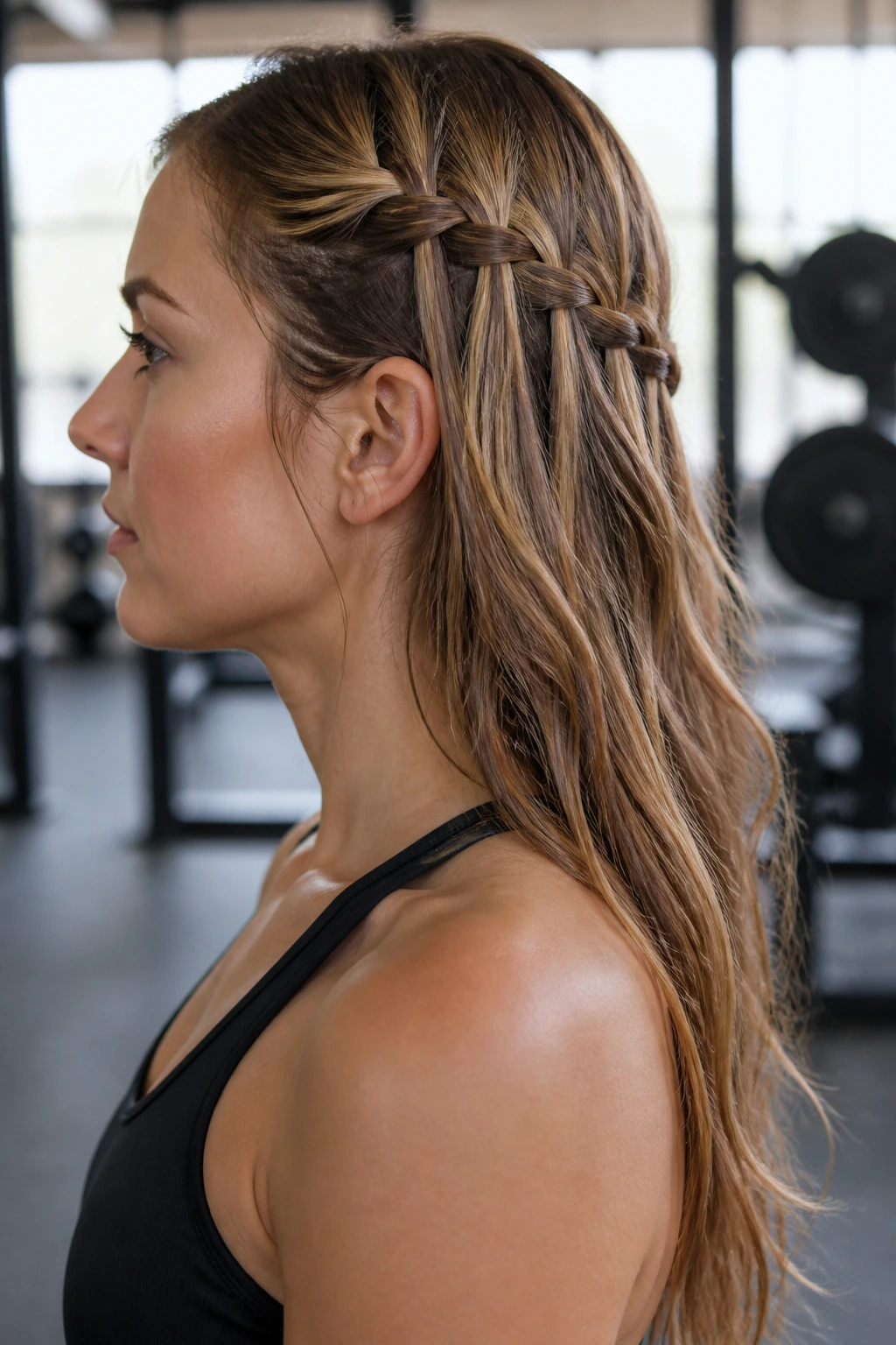 Side-profile of real woman with waterfall half-up hairstyle during workout