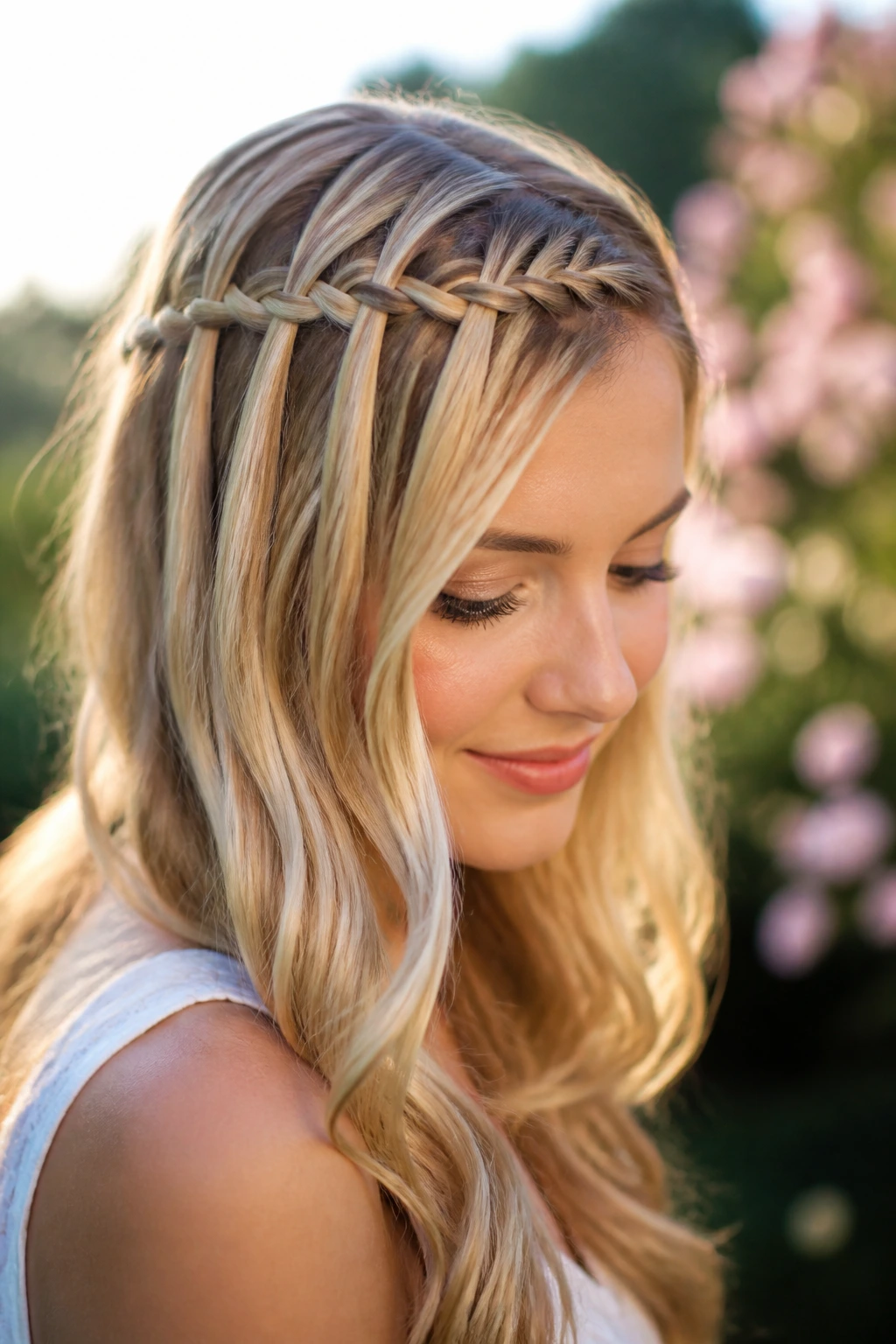 Close-up of a woman wearing a waterfall headband braid with cascading strands in golden hour light.
