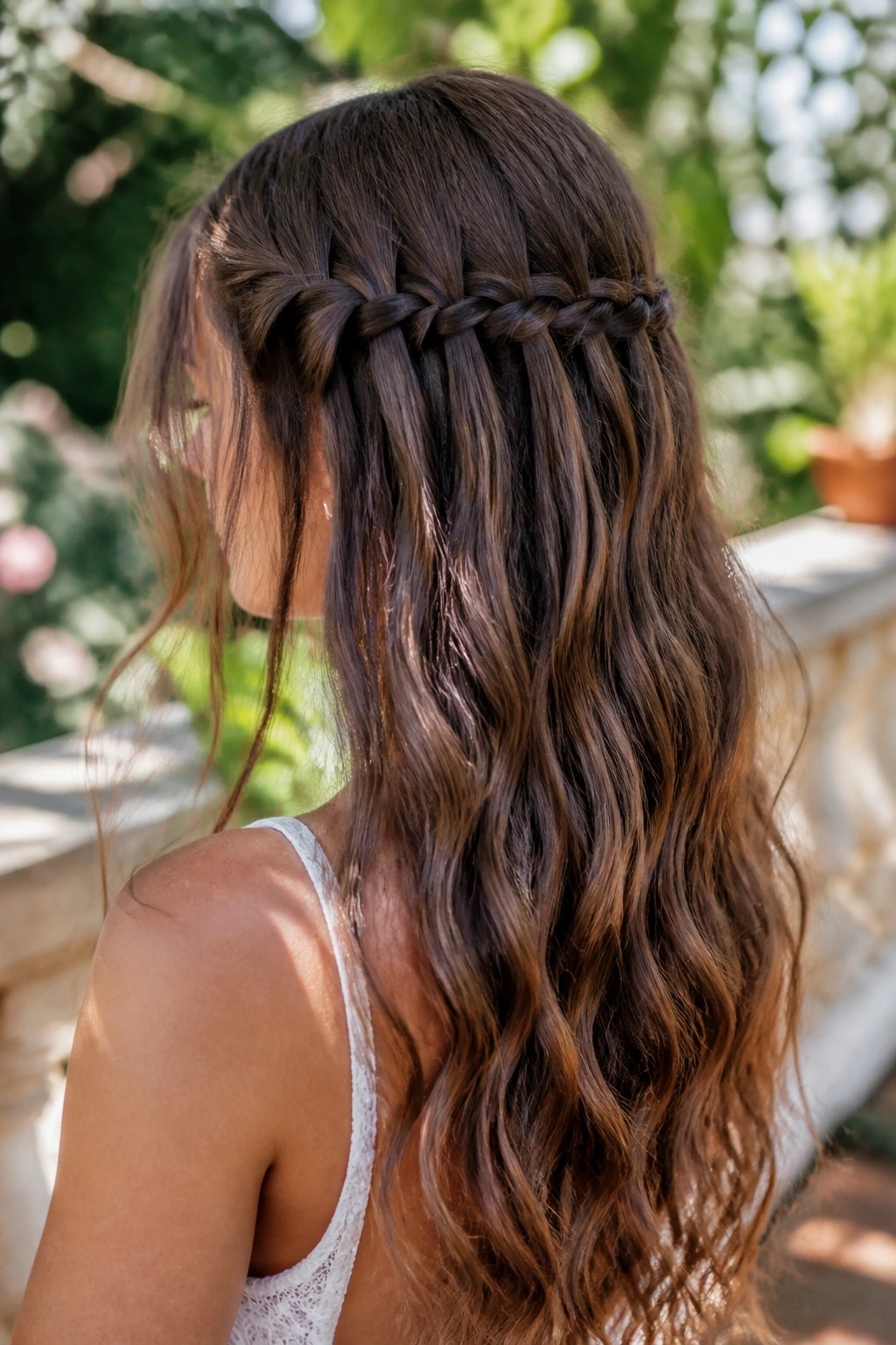 Back view of a woman with a waterfall invisible braid cascading across the back with loose waves