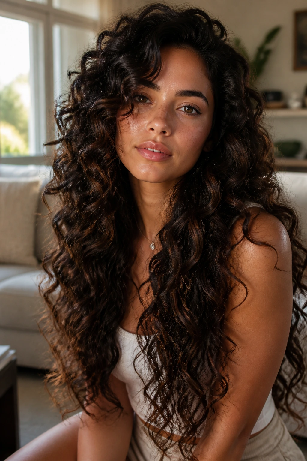 Close-up of a real woman with long curly hair showing waterfall layering, warm window light