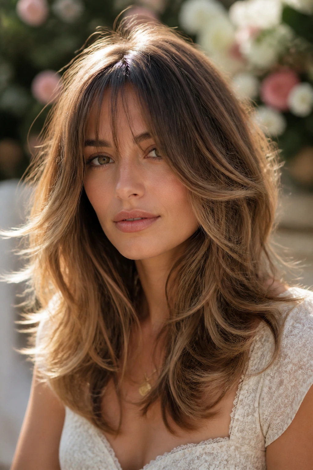Close-up of waterfall layers with bangs wrapping the face