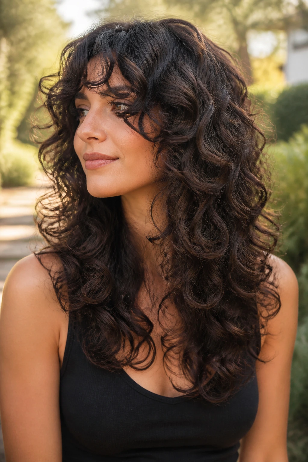 Medium close-up of a real woman with cascading waterfall layers in curly hair