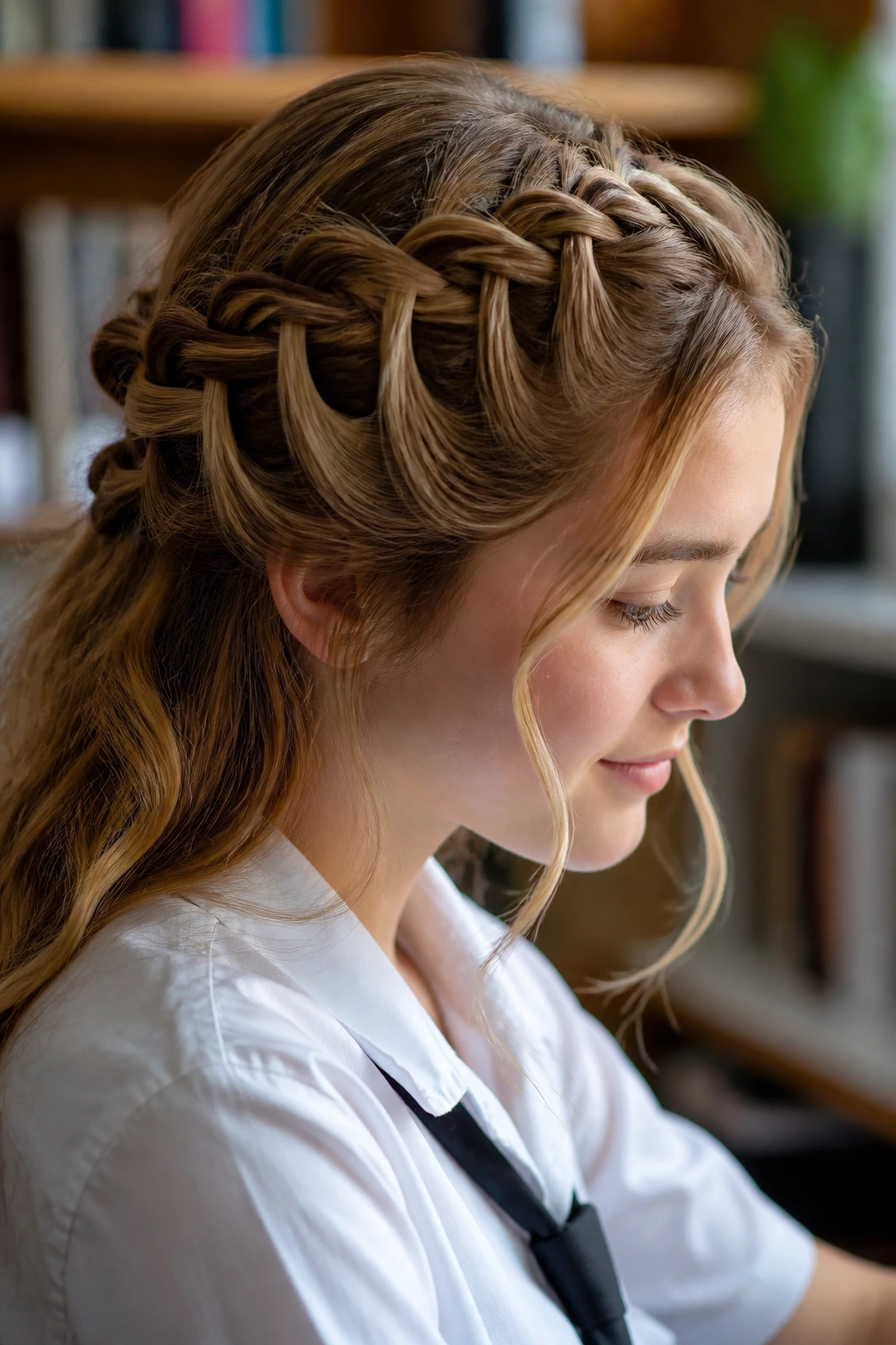 Close-up of student with waterfall milkmaid hybrid hairstyle in a study setting