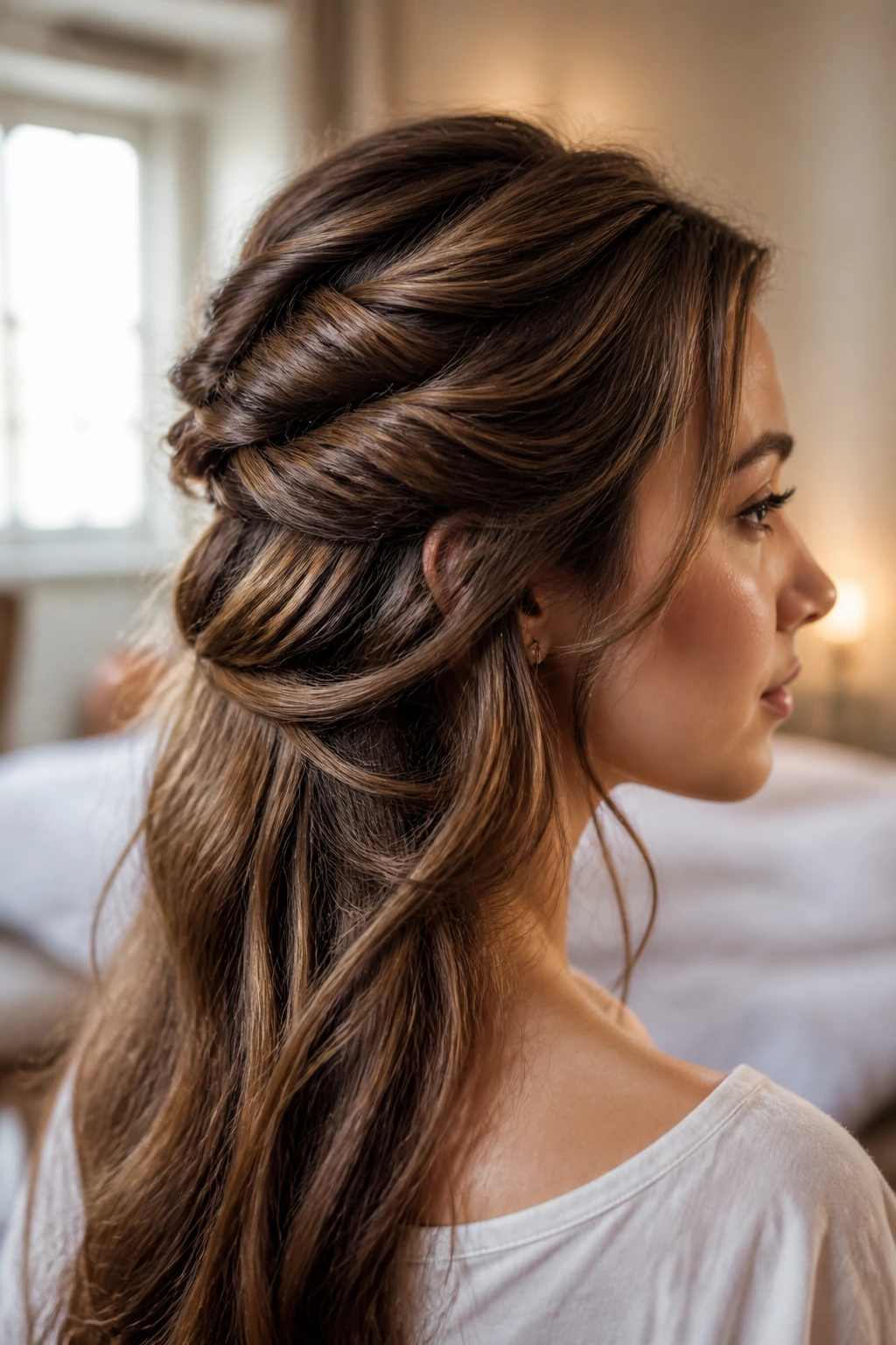 Close-up of a real person with waterfall pinning technique hairstyle