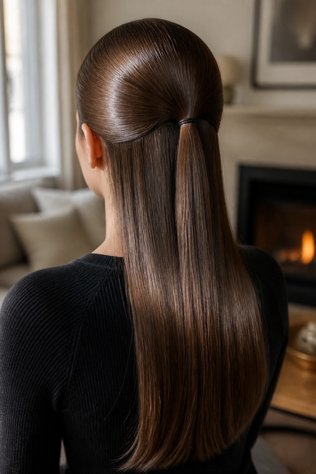 Back view of a real woman with straight-back glazed hairstyle flowing down the back.