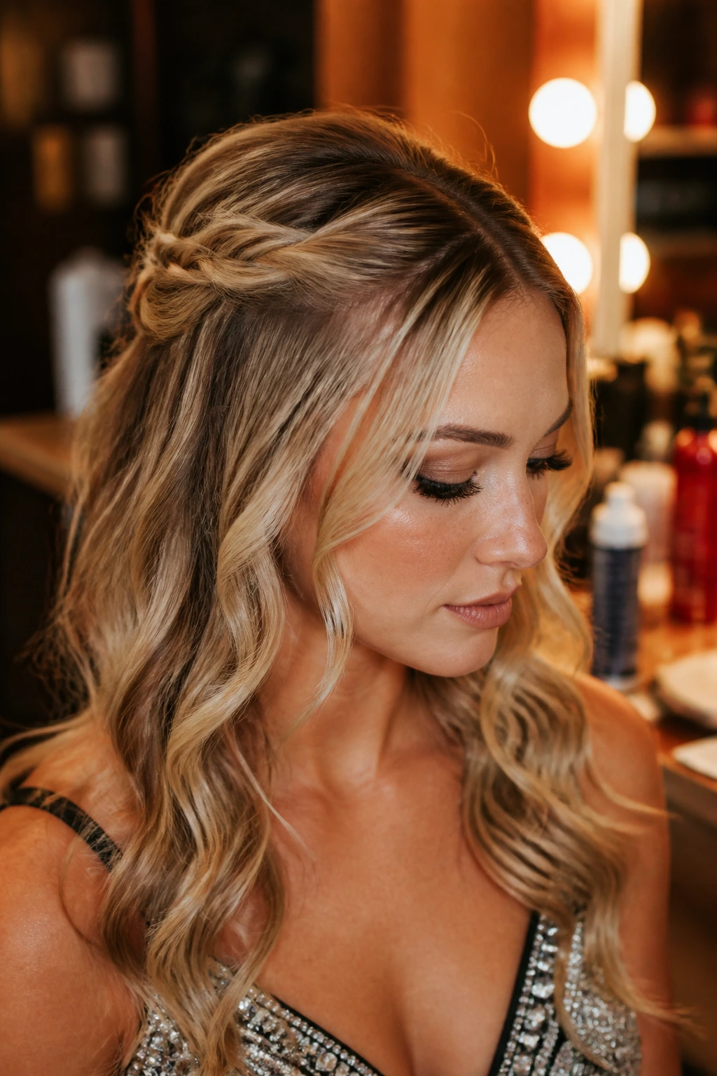 Close-up of a real woman with a waterfall twist hairstyle in backstage lighting