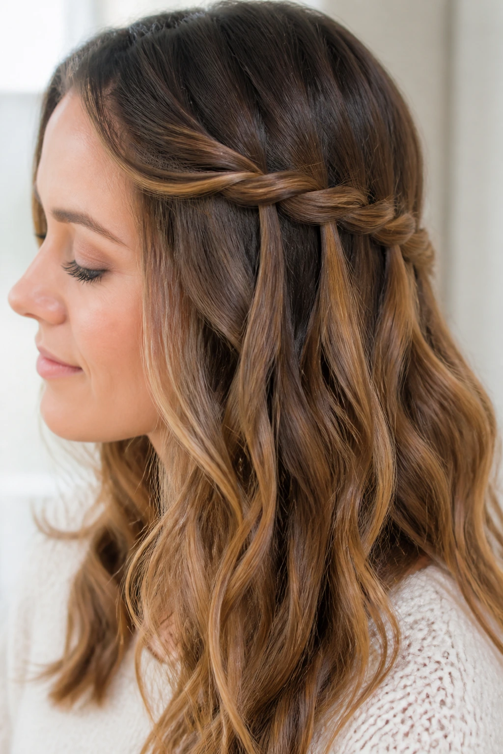 Close-up of a woman with a waterfall twist hairstyle.