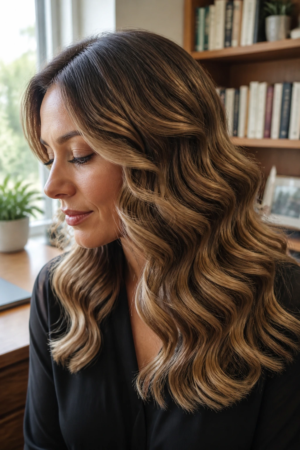 Close-up of a real woman with horizontal waterfall barrel waves in natural daylight.