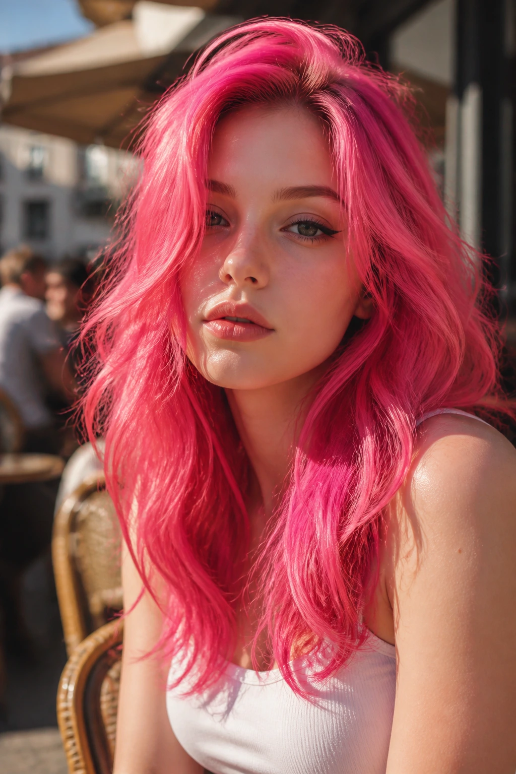 Close-up portrait of a real woman with watermelon pink hair in bright sun.