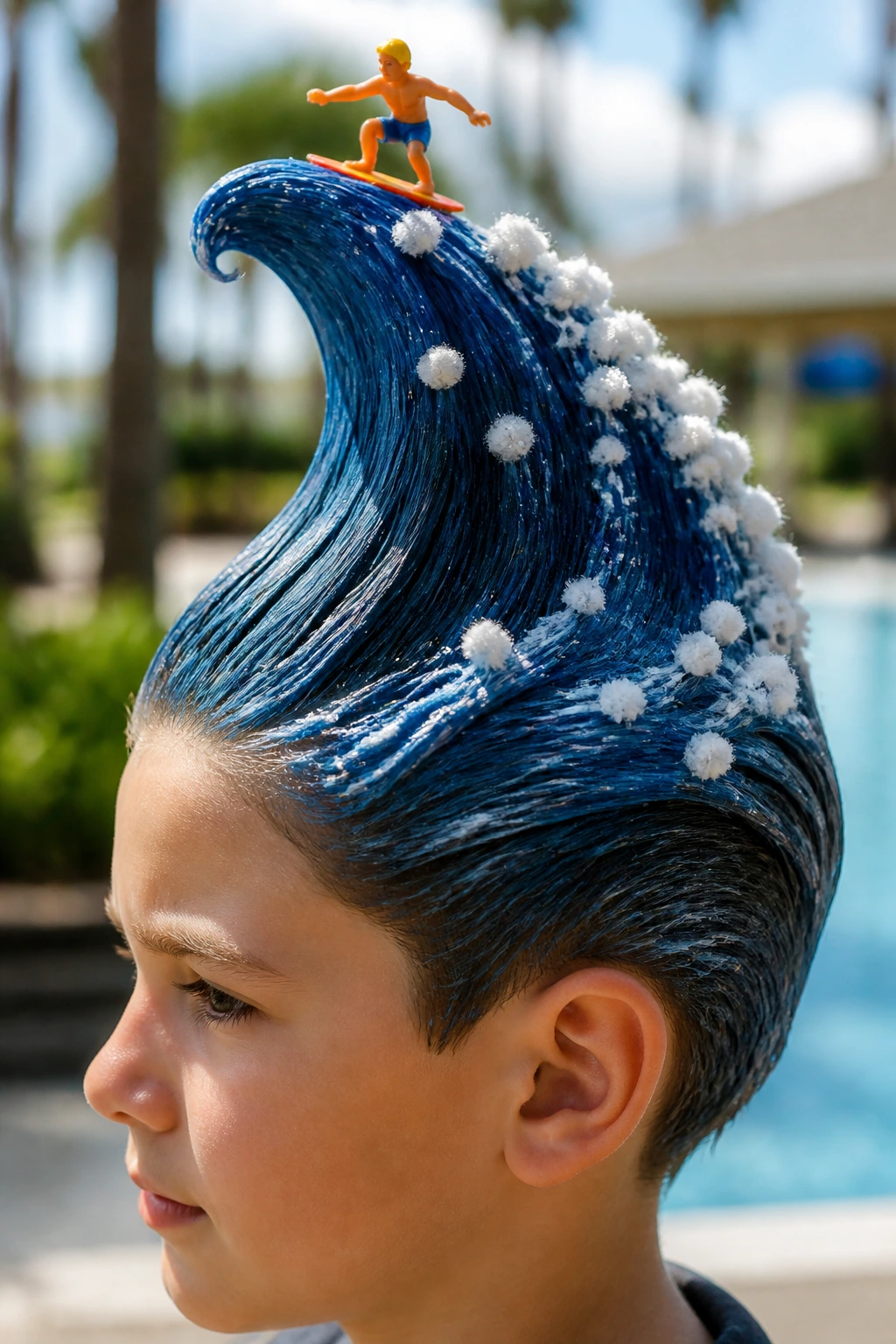 Close-up of real child with blue wave hair and toy surfer perched on crest