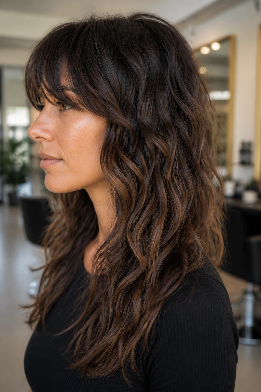 Profile view of a real woman with varied wave textures along hair in a bright salon