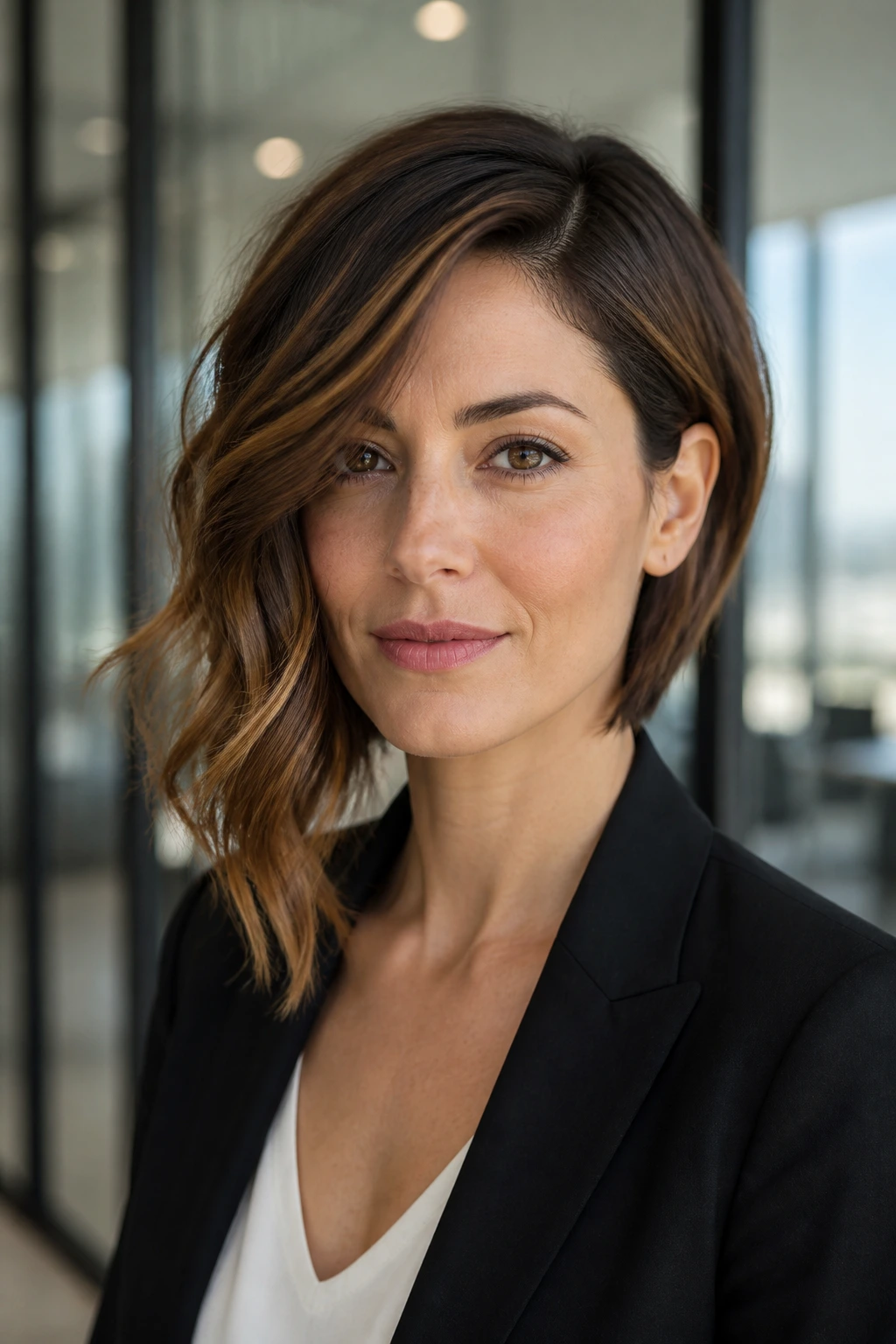 Close-up portrait of a real woman with a Wavy Asymmetrical Angled Cut in a modern office setting