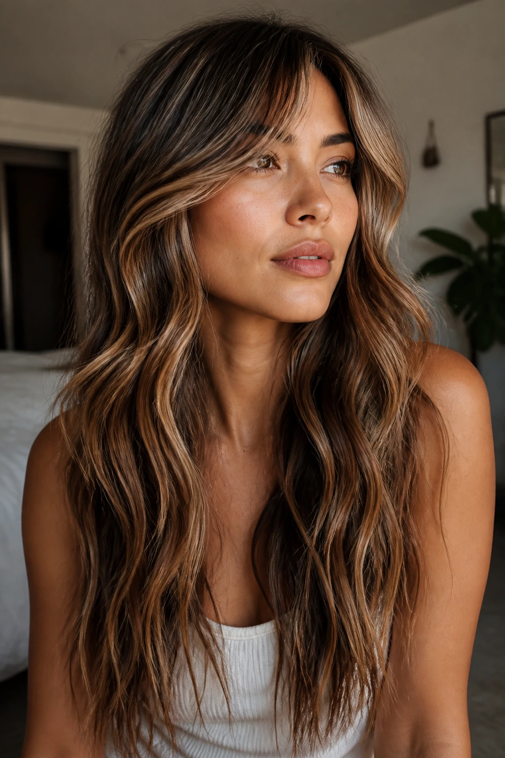 Close-up of a woman with wavy lob-to-long transition sweeping bangs in natural window light