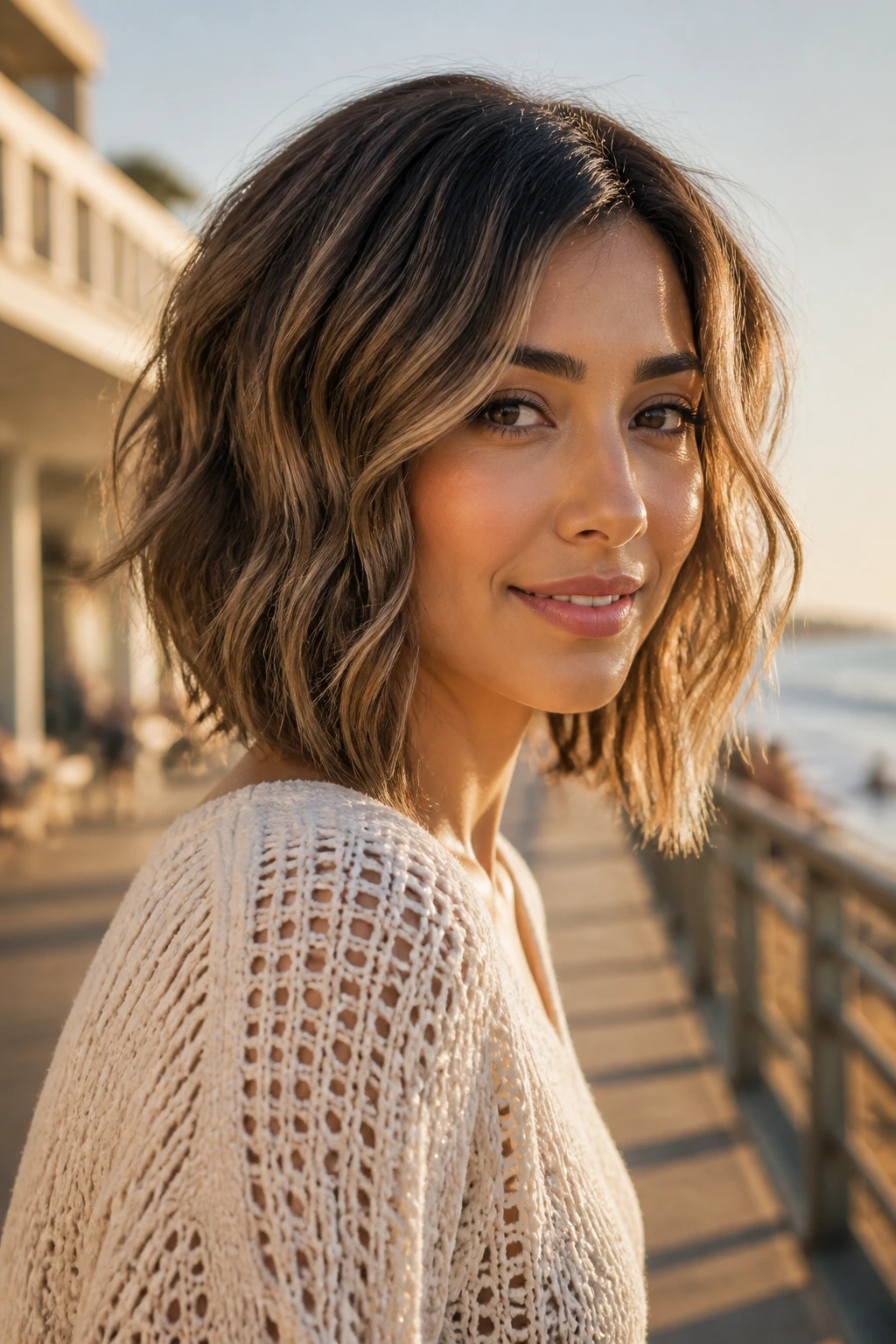 Woman with wavy beach-bob angled hair at seaside boardwalk in golden hour light