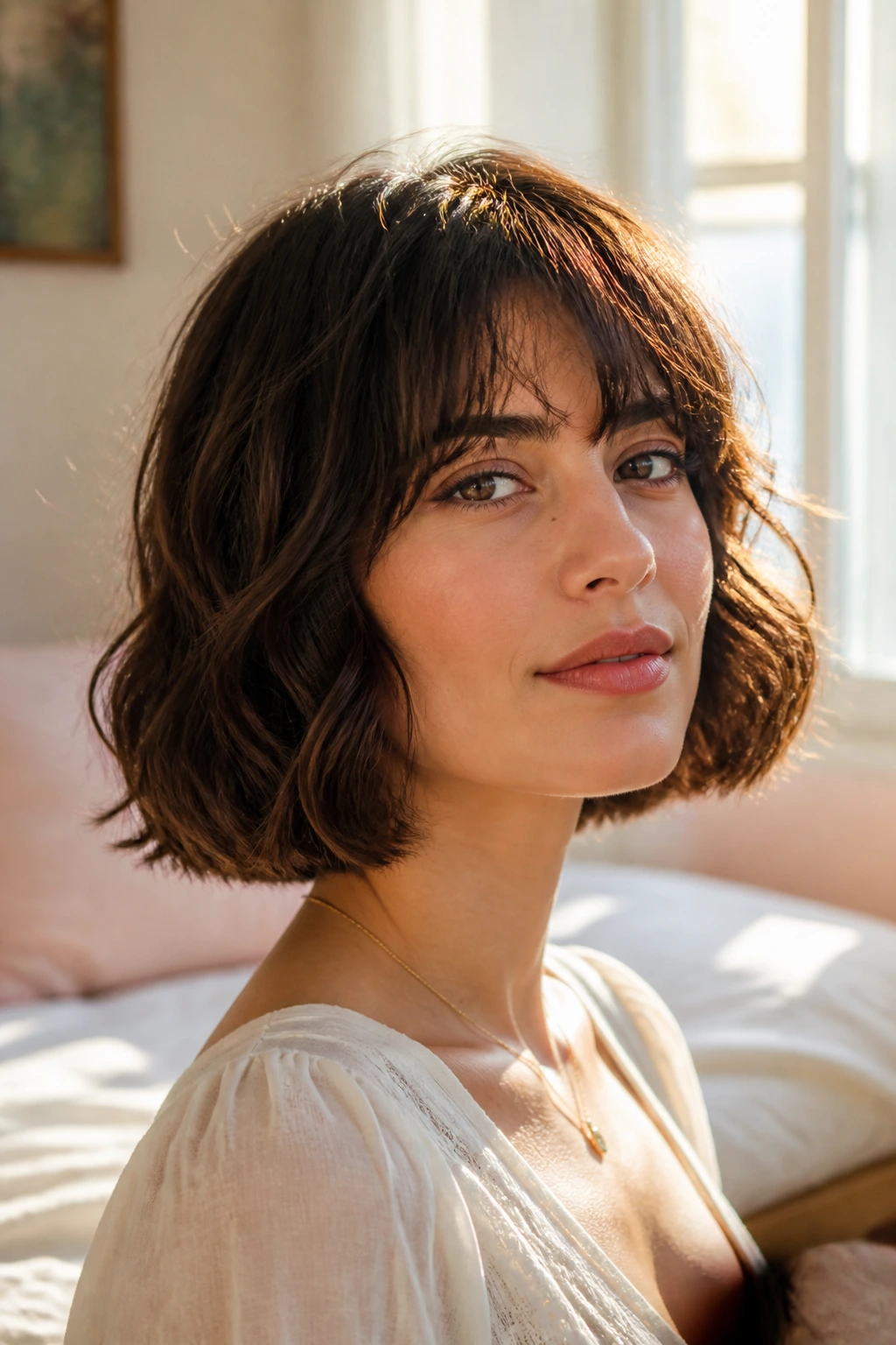 Close-up portrait of a woman with a wavy chin-length bob lit by window light