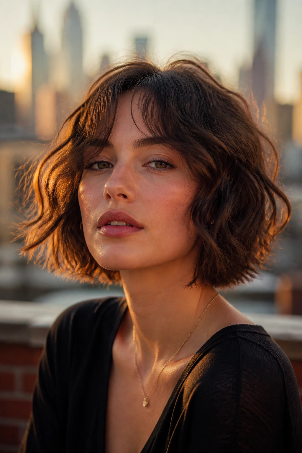 Close-up of a real woman with a wavy bob and choppy layers in golden hour light