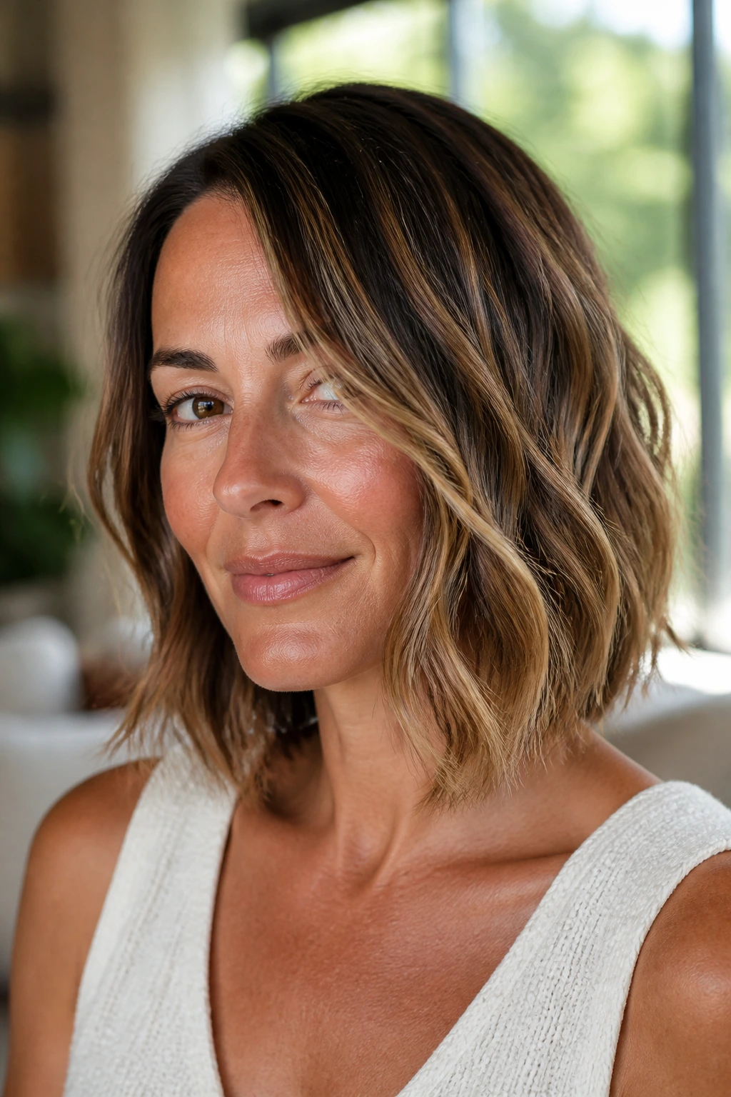 Close-up of a real woman with sun-kissed balayage highlights on a wavy bob