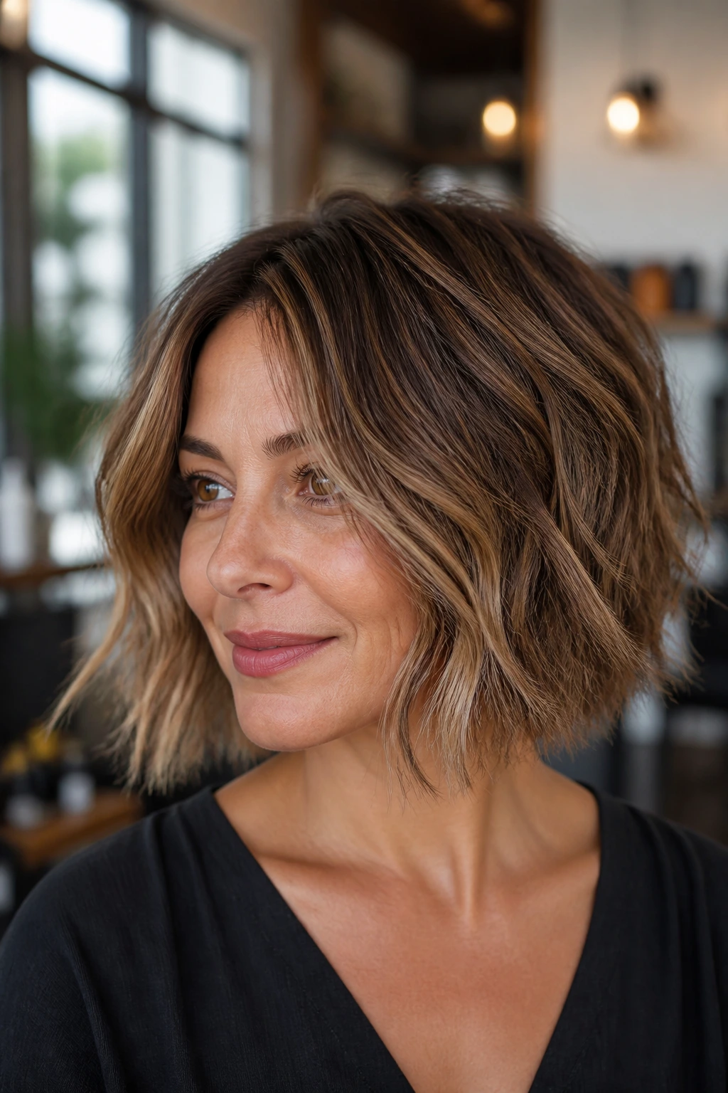 Close-up of a real woman with a wavy choppy bob featuring dimensional highlights in a salon setting