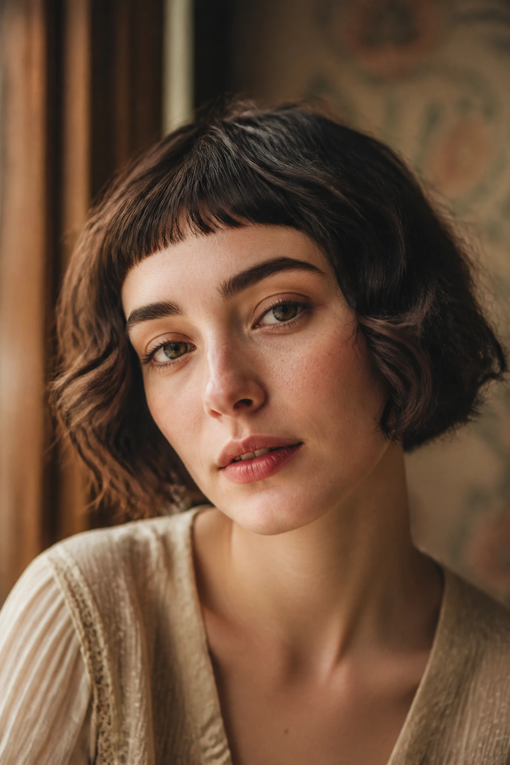 Close-up of a real woman with a wavy bob and micro-bangs in vintage-inspired light