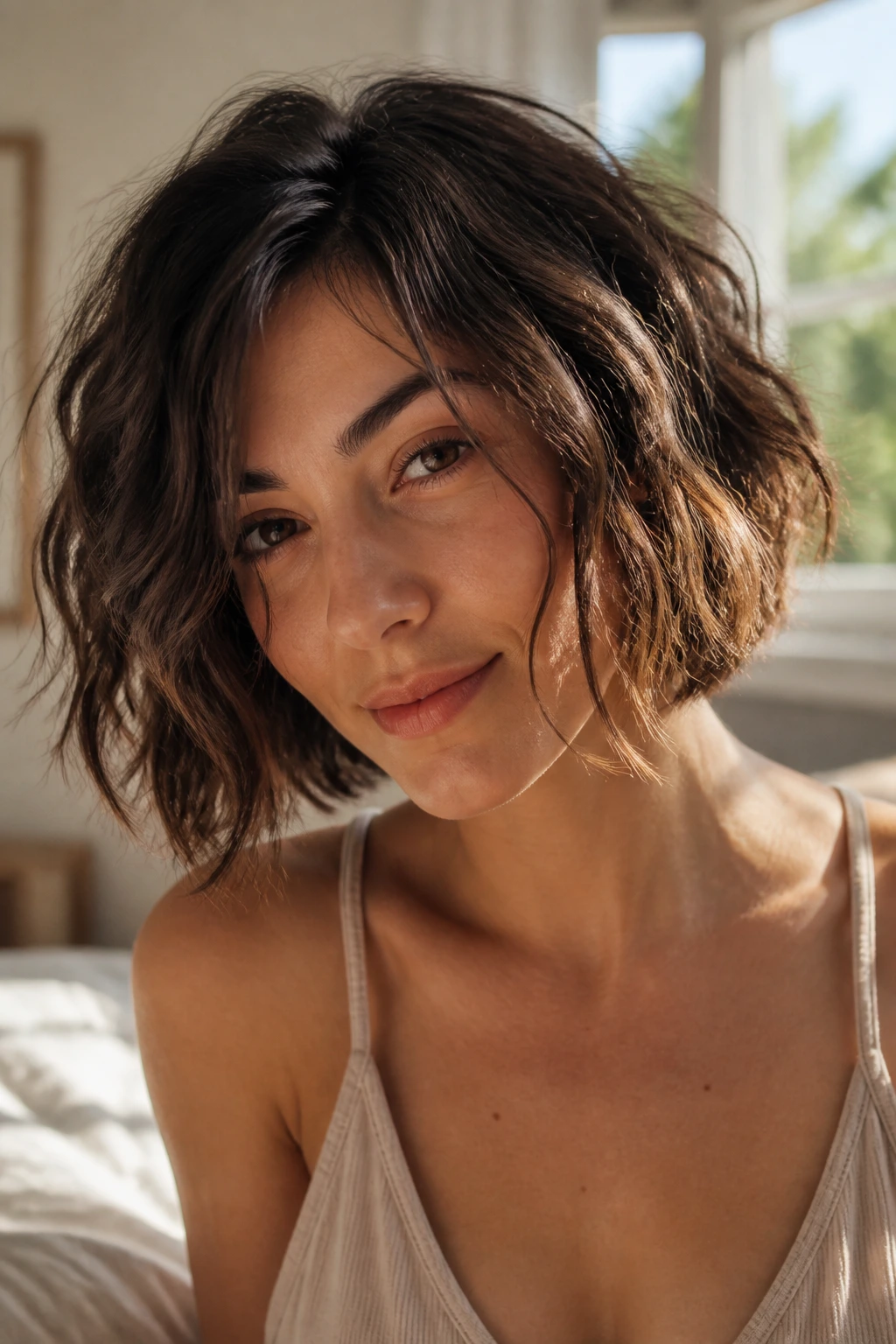Close-up of a real woman with a wavy choppy bob in warm bedroom light