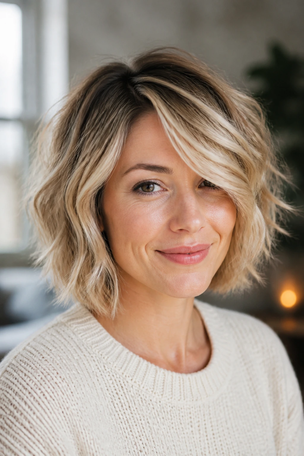 Close-up of a real woman with a wavy choppy bob and deep side-part bangs, lit by warm window light.