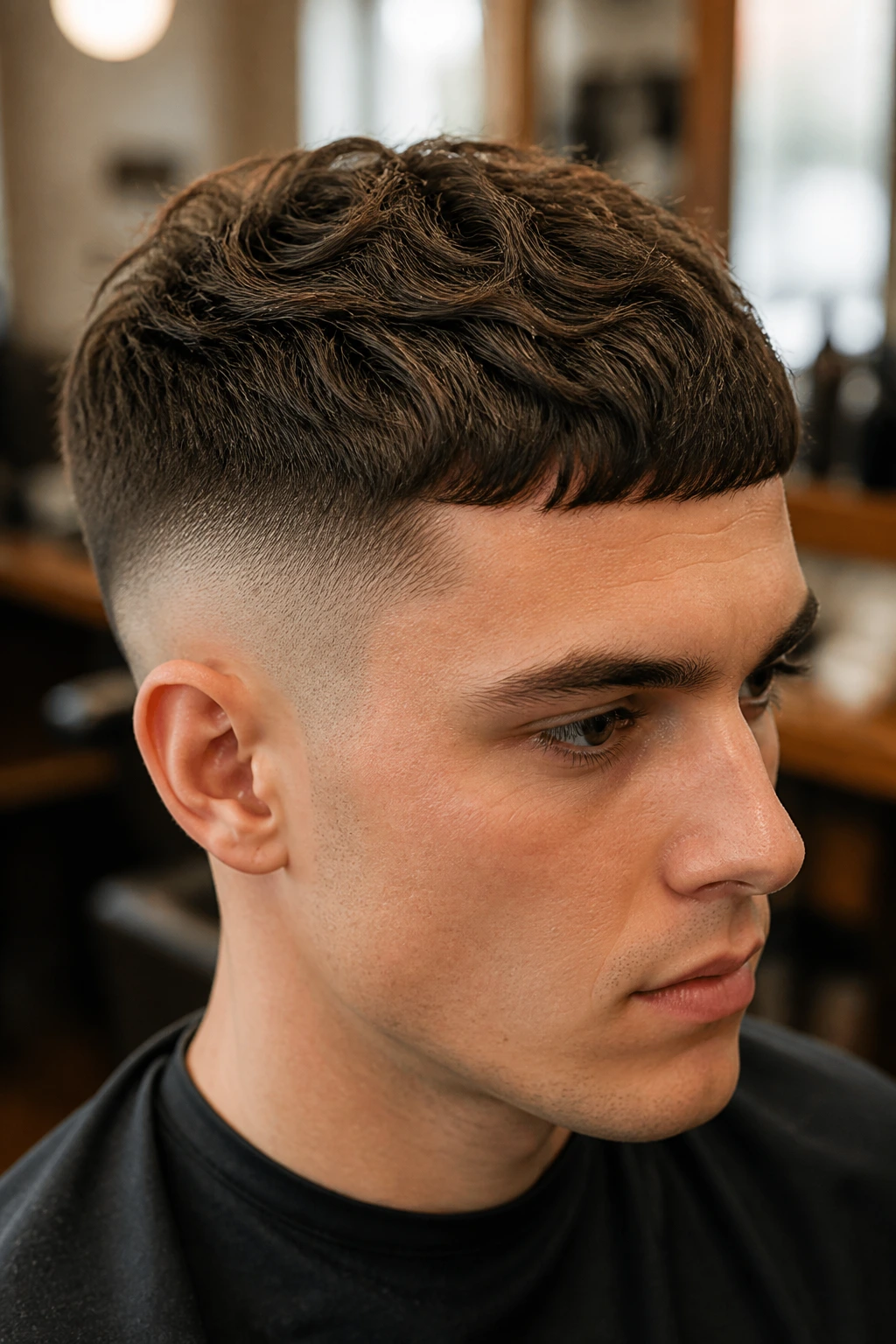 Close-up of a real person with a wavy Caesar undercut featuring a short fringe and buzzed sides