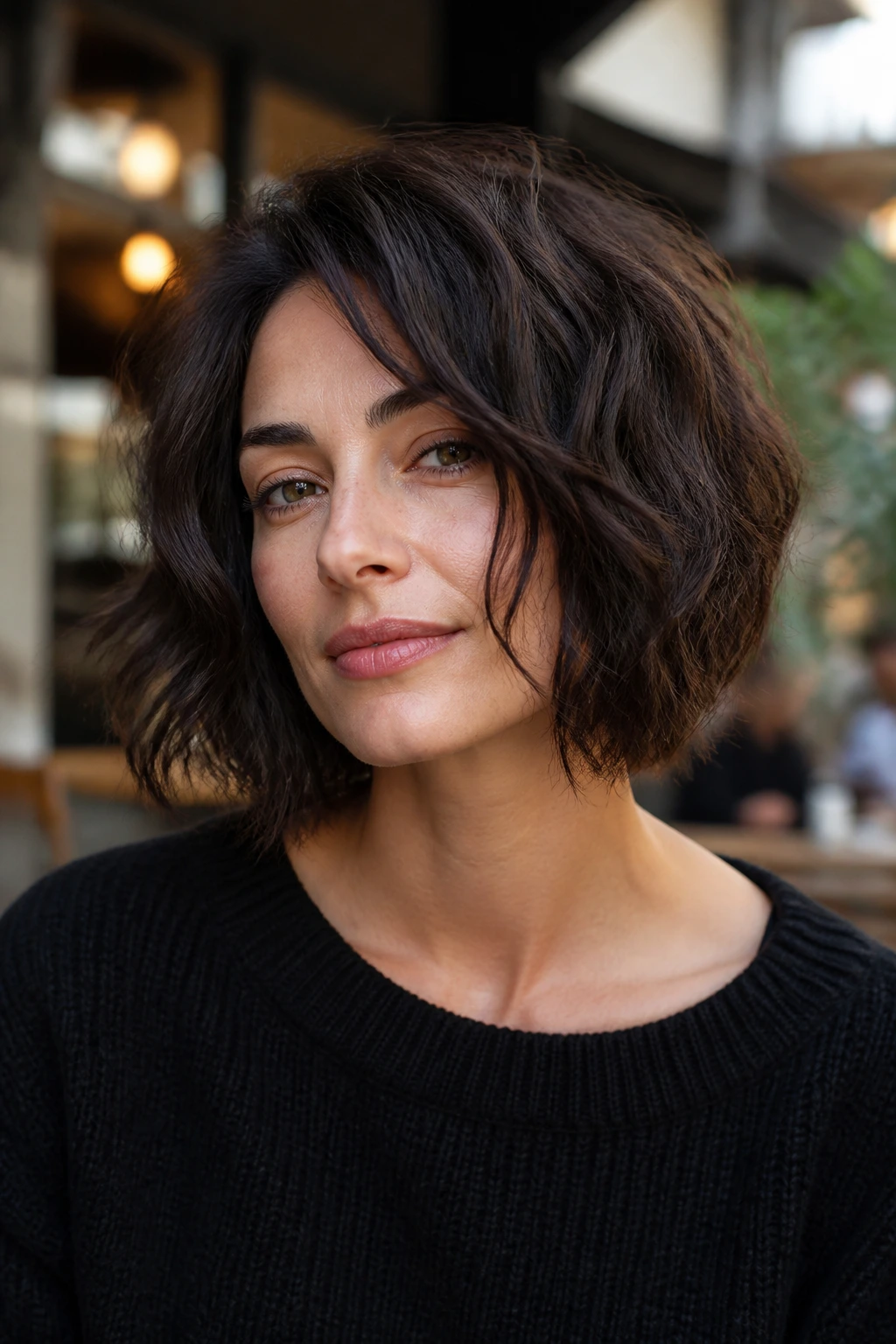 Medium close-up of a real woman with a wavy, choppy bob in natural light
