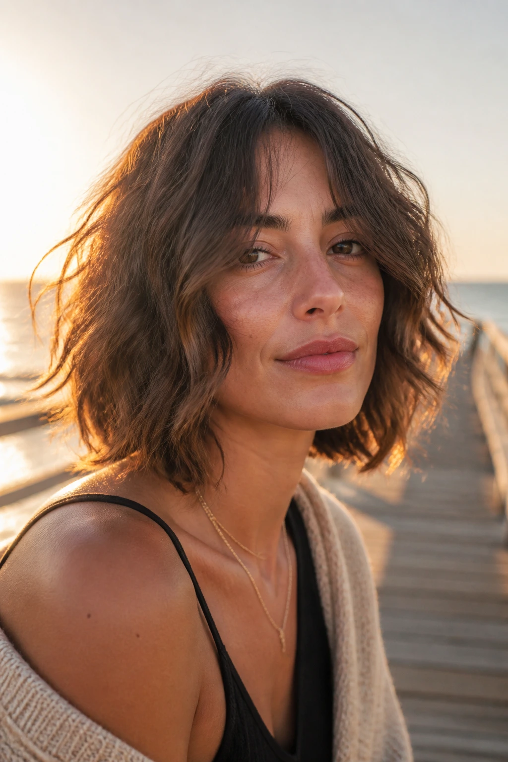 Medium close-up of a real woman with wavy choppy bob and parted curtain bangs at the seaside