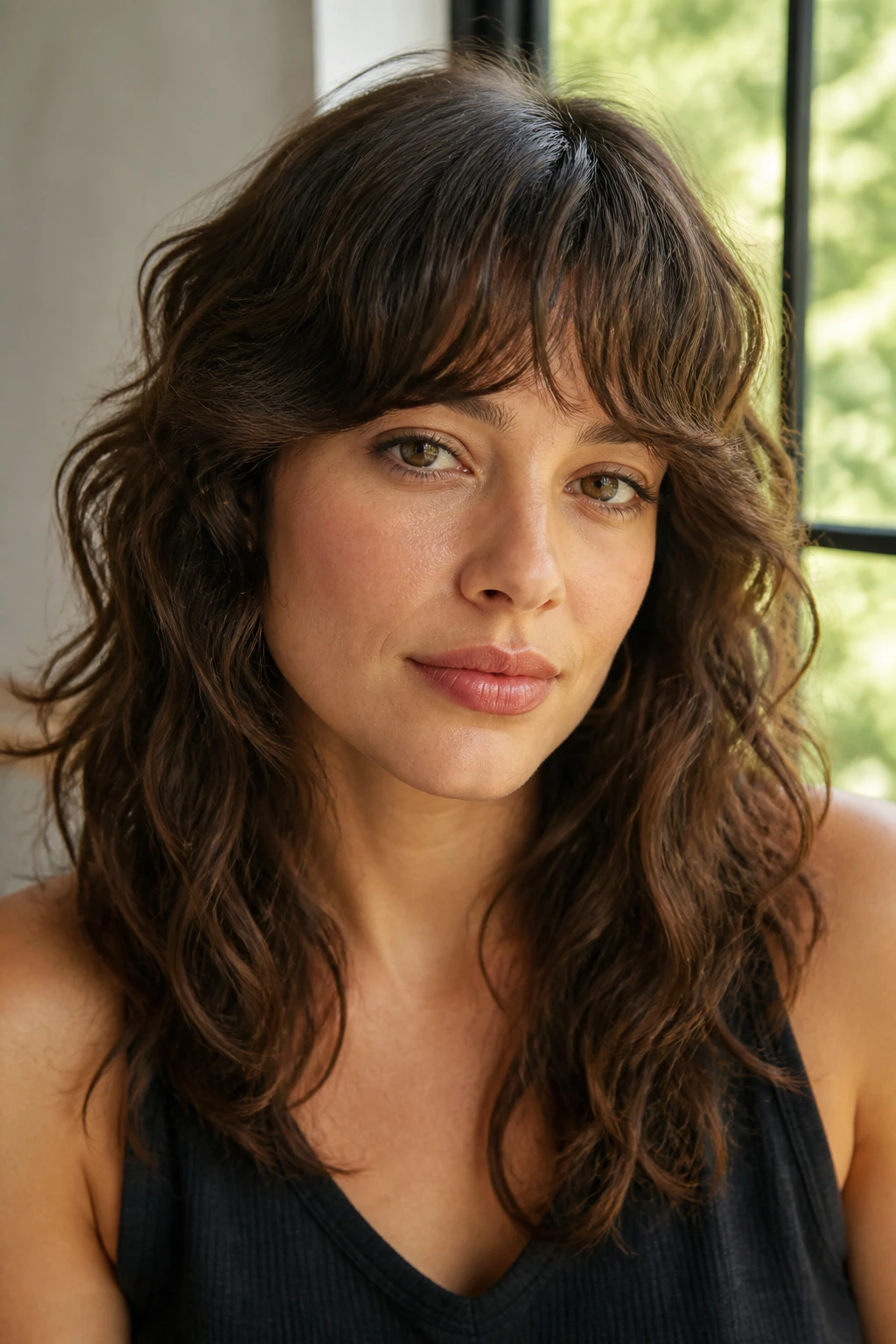 Close-up of a real woman with Wavy Crescent Bangs shaped in a soft arch.