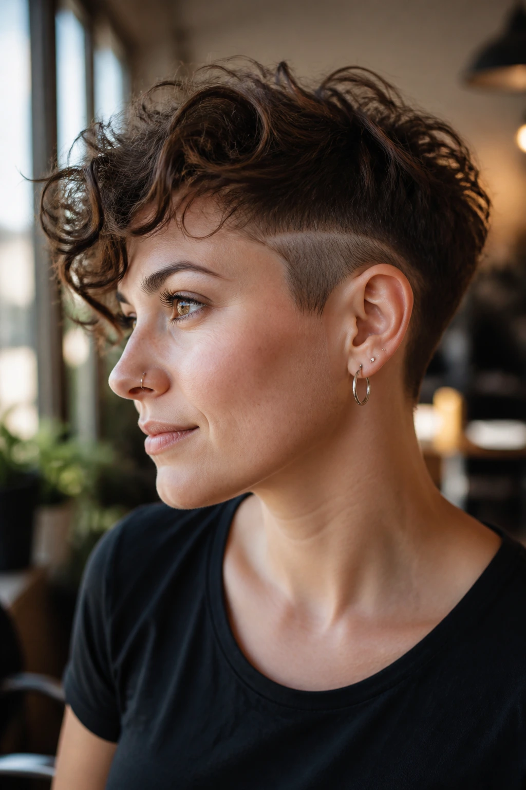 Close-up of a real woman with a wavy crop and shaved temple hairstyle
