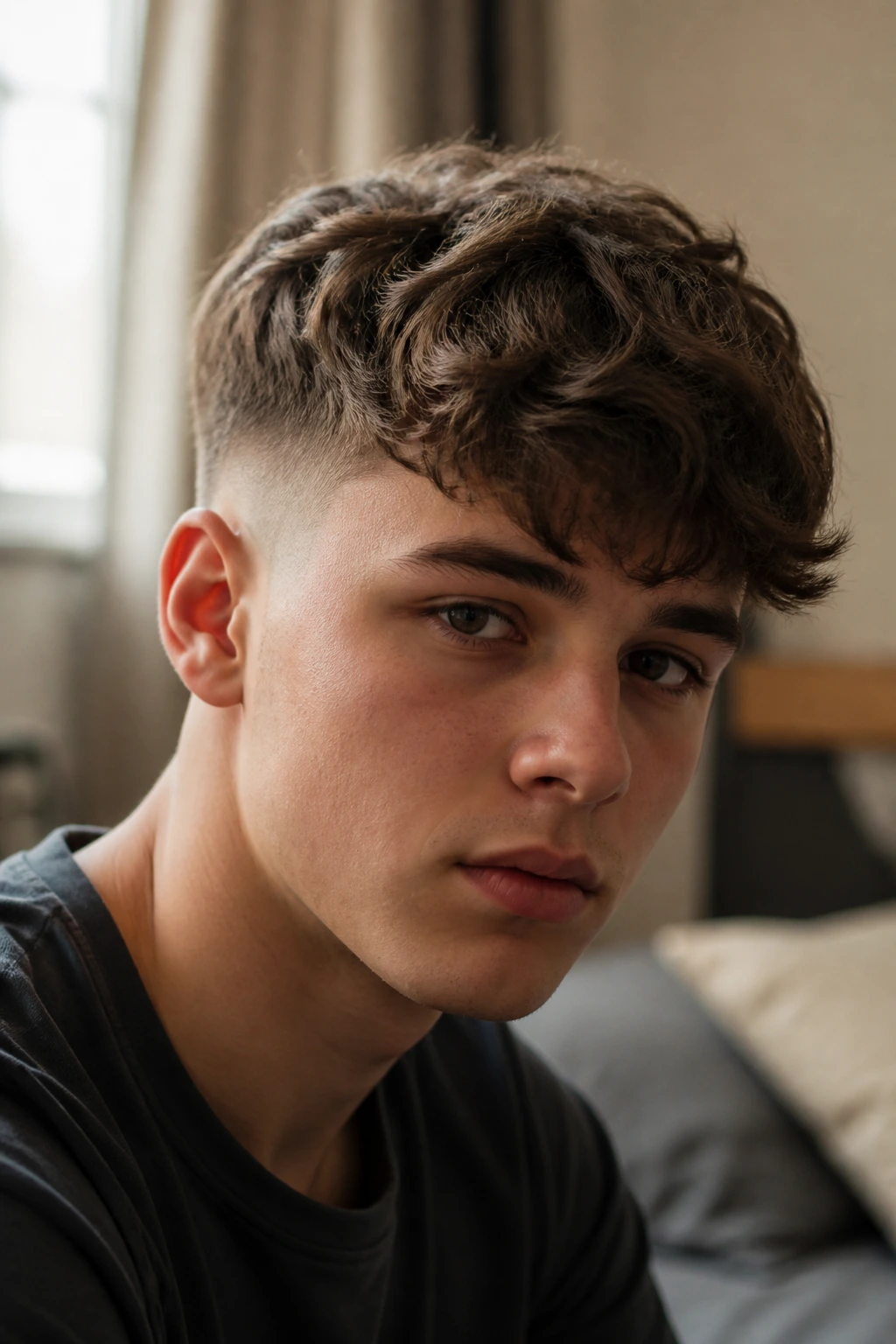 Close-up of a teenage boy with a wavy crop hairstyle in a softly lit bedroom