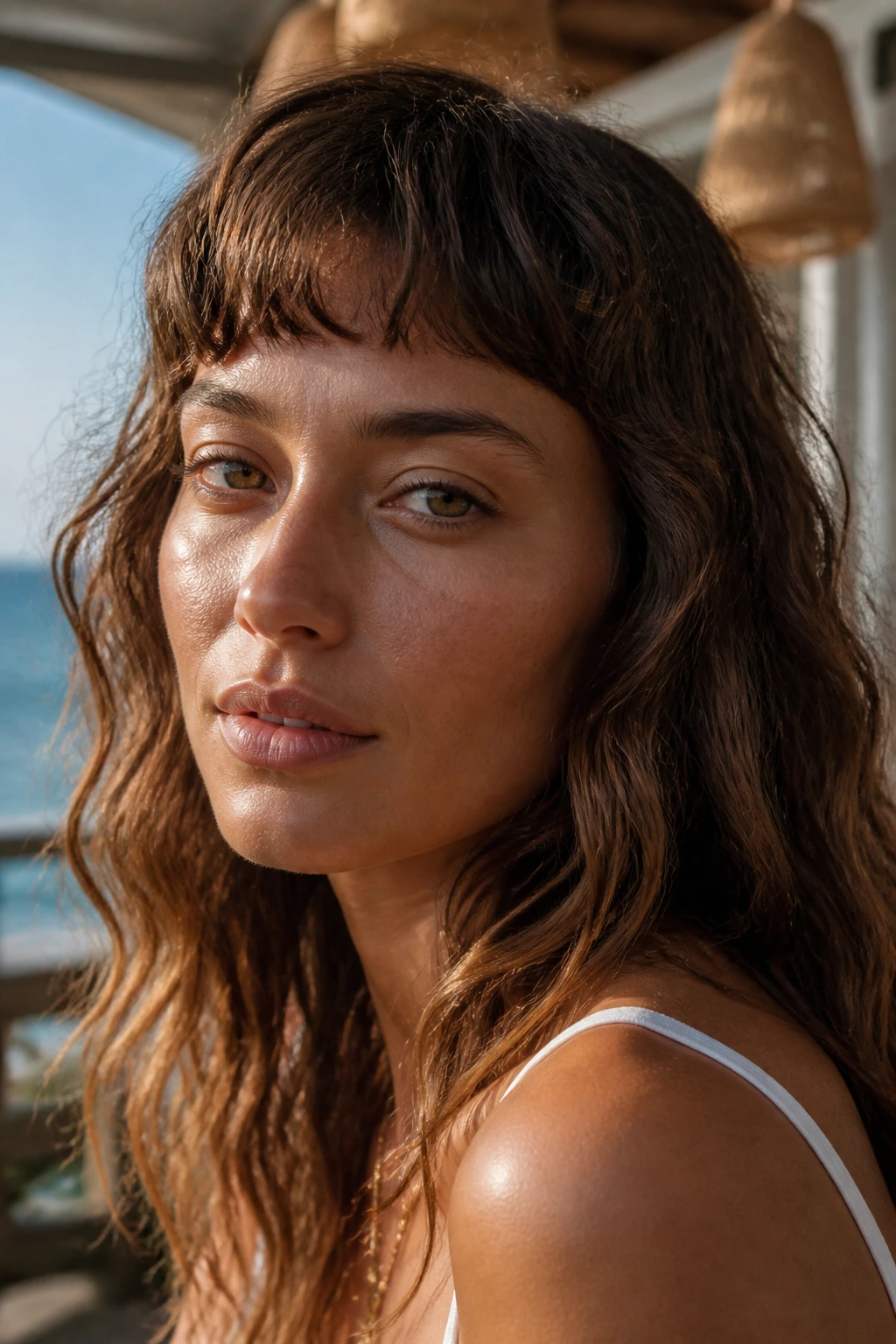 Close-up of a real woman with a wavy cropped fringe outdoors near a seaside cafe.