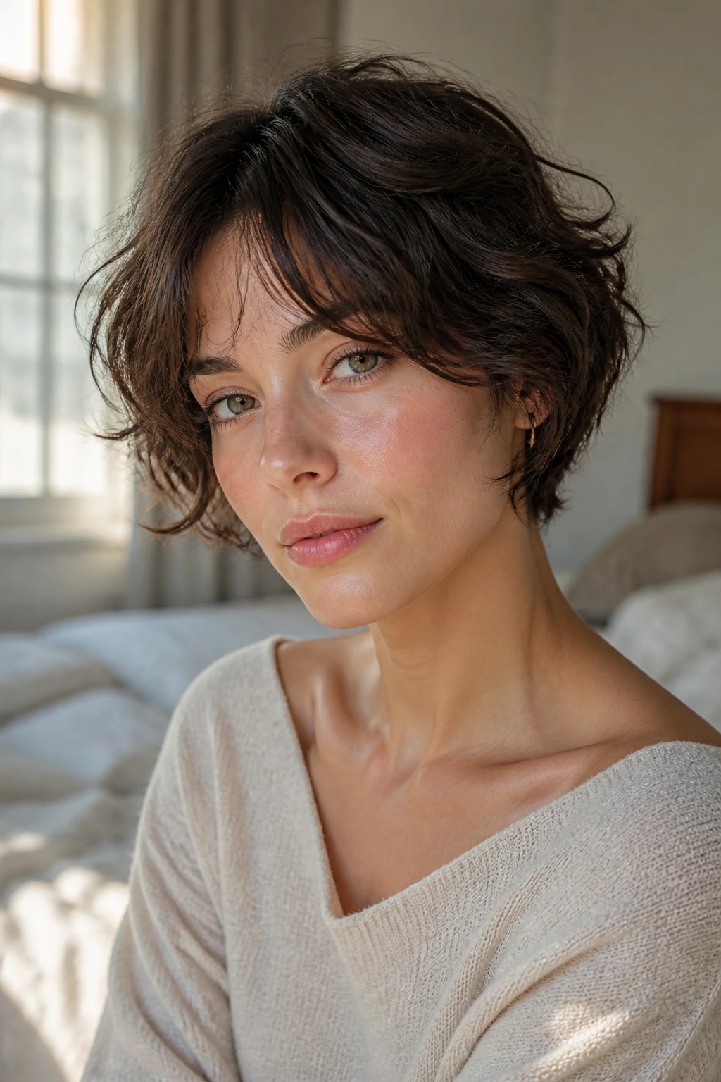 Close-up portrait of a real woman with a wavy ear-length crop in natural window light