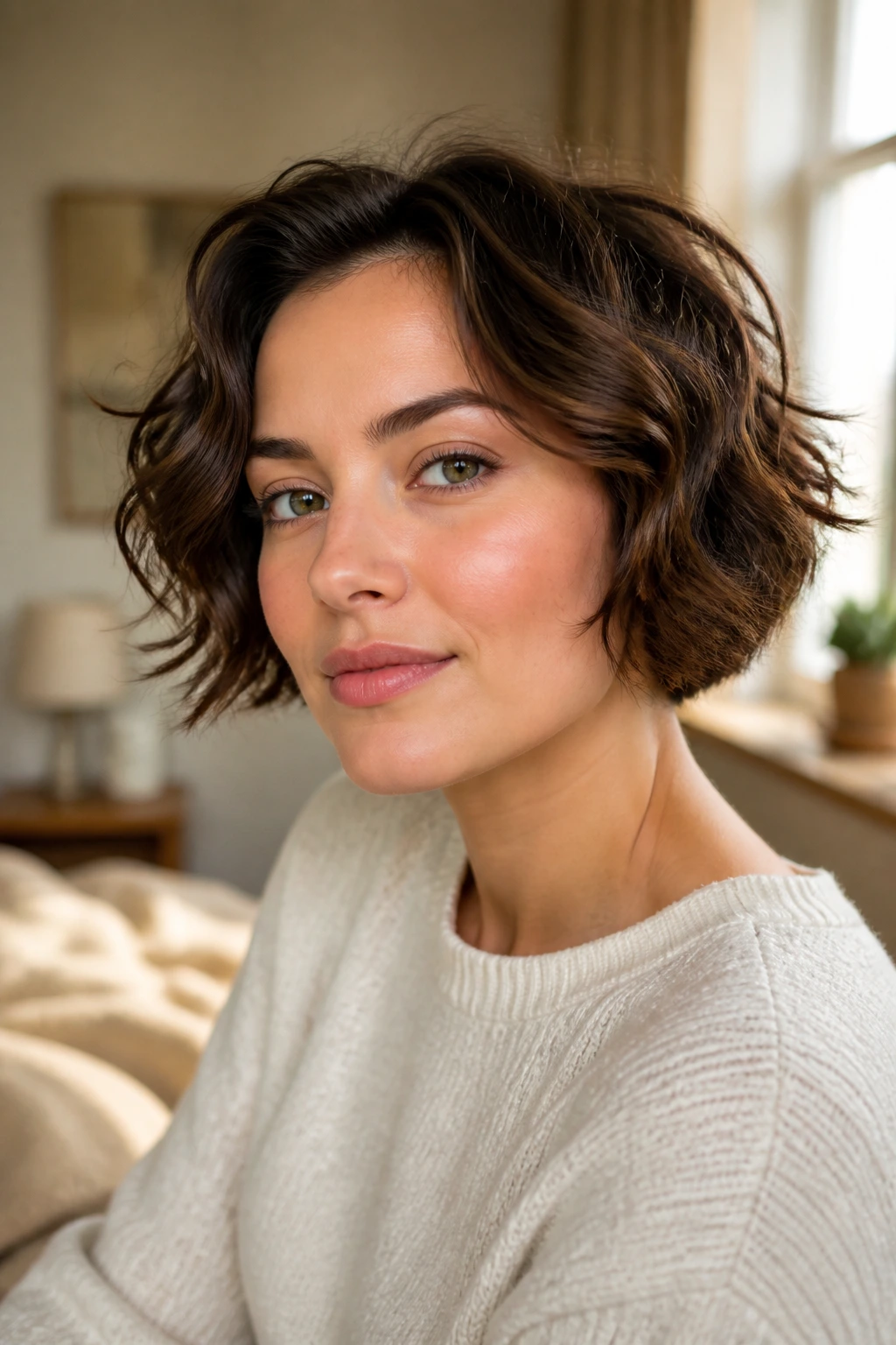 Close-up of a woman with a wavy ear-length crop framing her face
